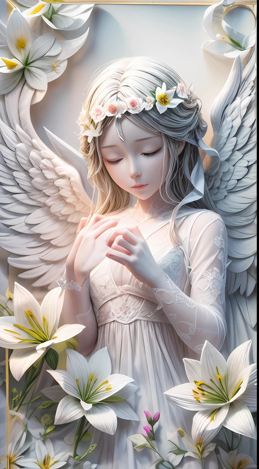 illustration: 1.3),( paper art: 1.3), 3D rendering of, Beautiful Angel Close your eyes, Lilies Rose Flowers of the best quality, Detailed details, Masterpiece, offcial art, movie light effect, 4K, Chiaroscuro , Flash