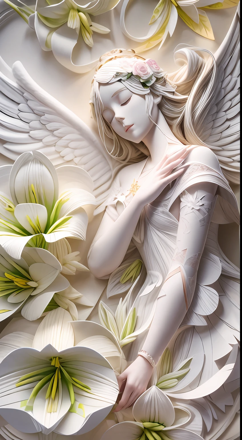 illustration: 1.3),( paper art: 1.3), 3D rendering of, Beautiful Angel Close your eyes, Lilies Rose Flowers of the best quality, Detailed details, Masterpiece, offcial art, movie light effect, 4K, Chiaroscuro , Flash