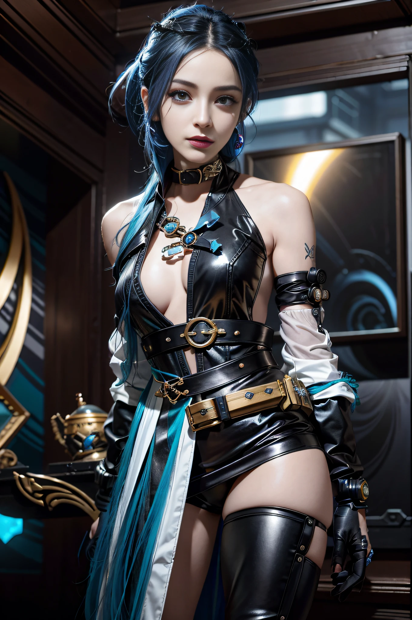 Arad woman with blue hair and black blouse poses for a photo, portrait of jinx from arcane, jinx from arcane, hyper-detailed fantasy character, rococo cyberpunk, loba andrade from apex legends, jinx from league of legends, samira from league of legends, fantasy style 8 k octane render, fantasyoutfit, Gorgeous Role Play, Vivid steampunk concept
