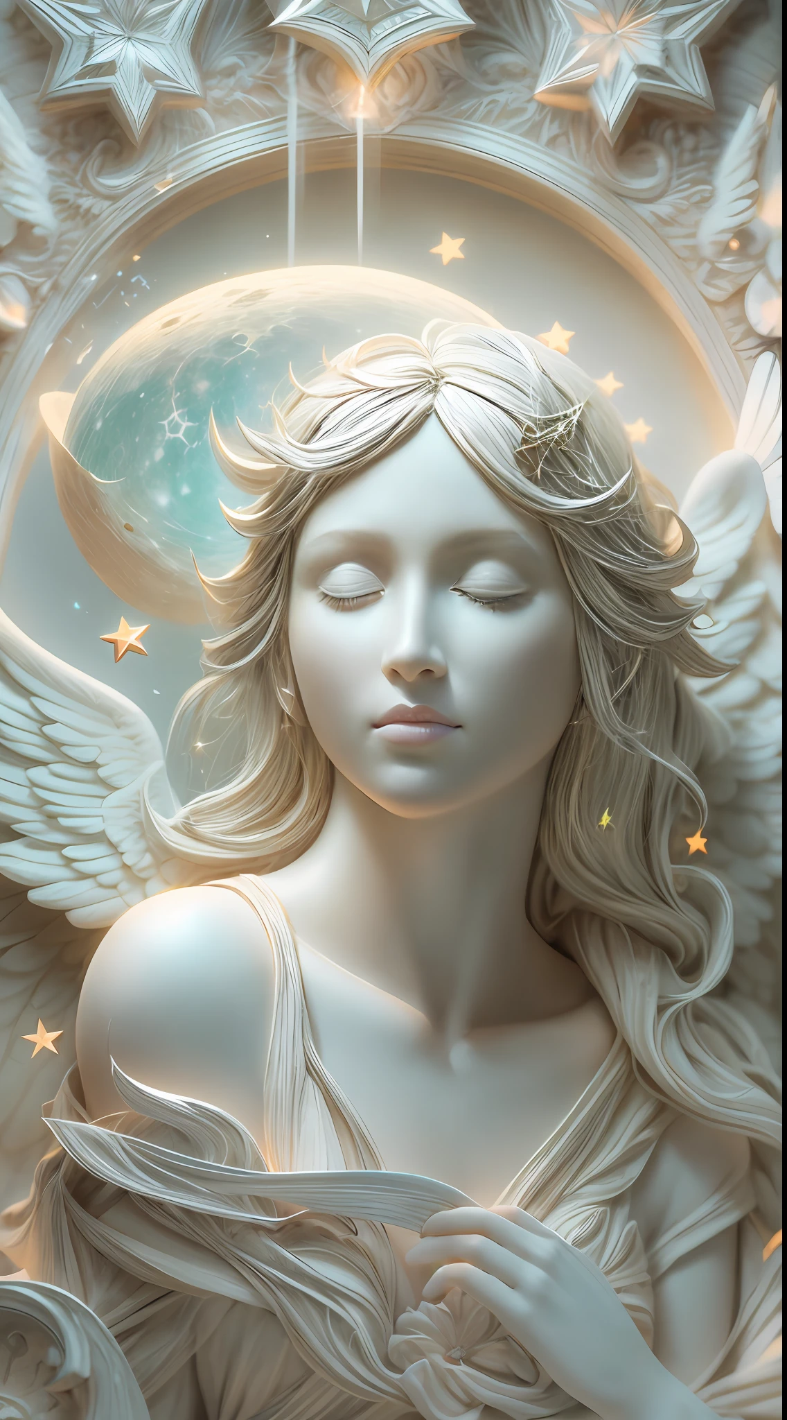 illustration: 1.3),( paper art: 1.3), 3D rendering of, Beautiful Angel Close your eyes, Star Moon Best quality, Detailed details, Masterpiece, offcial art, movie light effect, 4K, Chiaroscuro , Flash