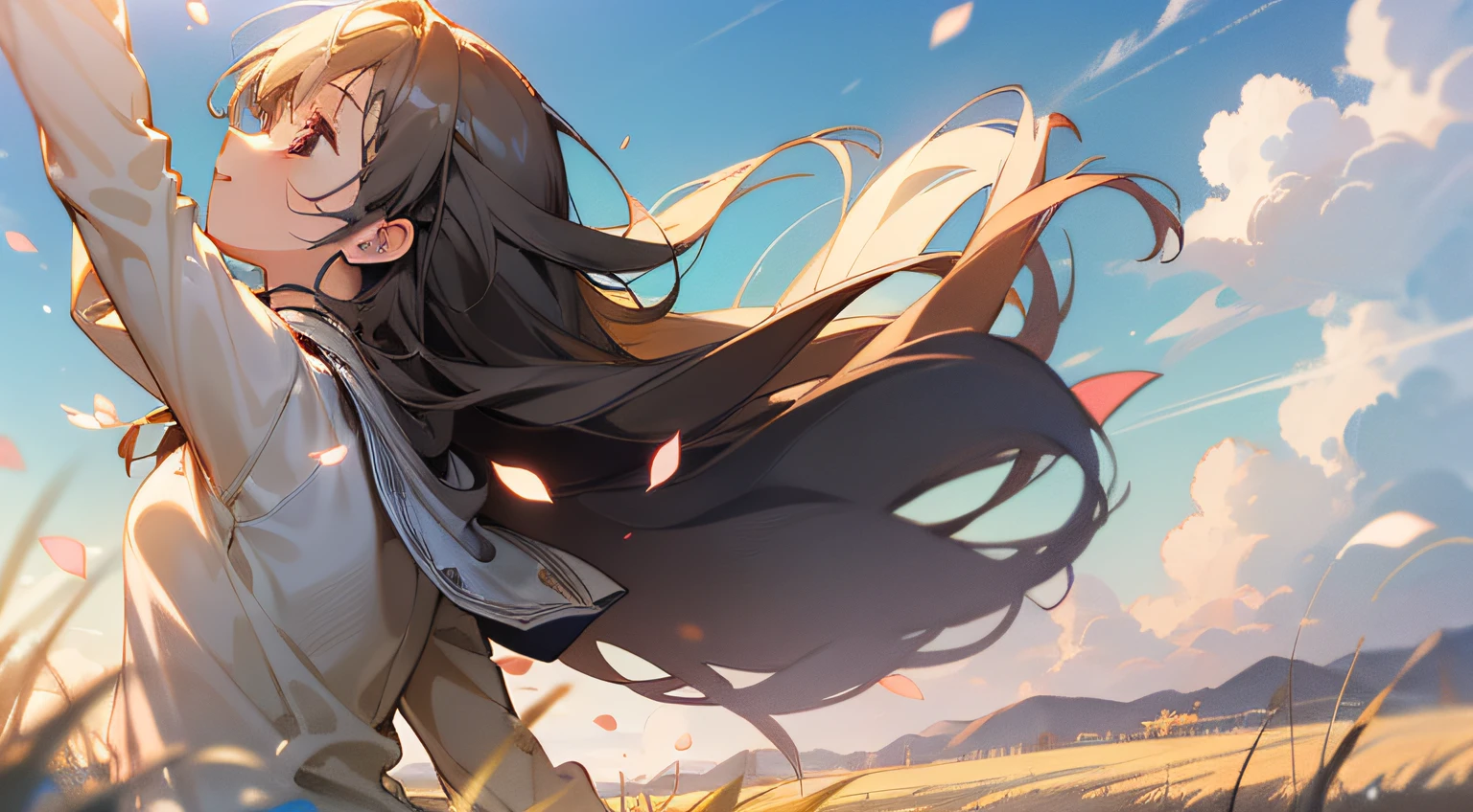 ((extremely detailed CG unity 8k wallpaper,best quality),beautiful,floaty,daytime,grasslands,back turned,wide open arms,looking up at the sky),(1girl),Petals fluttering in the wind