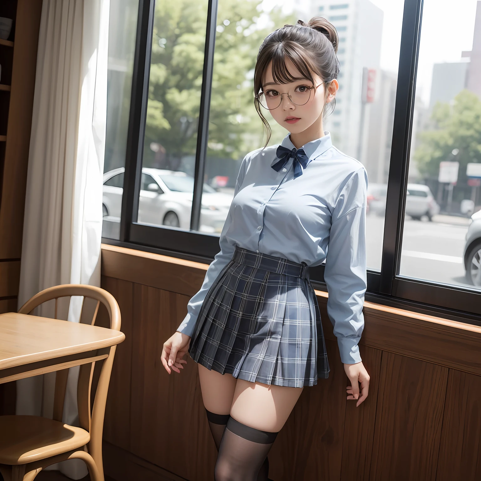 （8K、Raw photography、top-quality、​masterpiece：1.2）,full body Esbian,​masterpiece,top-quality、超A high resolution,Raw photo,ren,Beautiful fece,One Person, 独奏,eye glass,,Dark look,Small breasts,fullllbody,Round glasses、cute little、A Japanese Lady,is standing,(Tight eyes,Bullish,skinny,Rasping,irate,small tits,flat breast)、（Photorealsitic：1.37）、Photon mapping,Light blue ribbon,Realistic、Cute little face,Brown-eyed、Black socks、Red bow tie、Radio City、Physically Based Rendering、Foreground、depth of fields、Blurry background、a picture,The girls、Body, Long legs, Thin leg, Single knot ponytail,Horizontal knotting,Let your hair flow forward、(Bangs are visible), hair, s lips, Blue_The eye, nosesoft,  Light blue shirt, Navy blue and blue and white plaid pleated skirt, Sheer clothing,, Thigh, Black cotton socks,Nogizaka Idol, 女優, Japanese ido