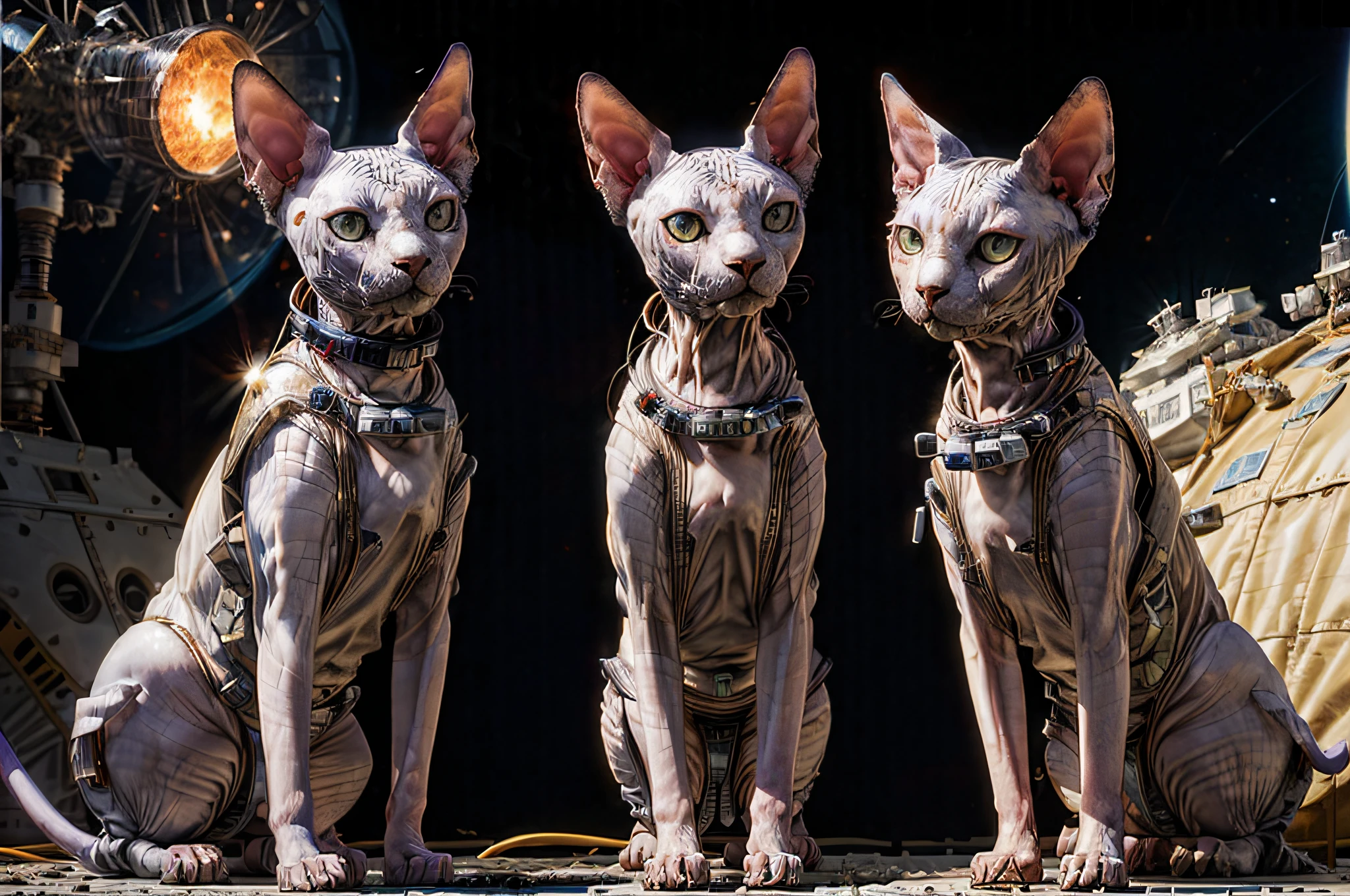 Sphynx Cats in spacesuit looking at camera, astronaut Sphynx Cats, portrait, (realisitic, realisitic_Background with, high Resolution, Distinct images:1.2), (Very complex, detailed light, detailed shadow:1.1), (F4, 1/800s, ISO 100, .raw)