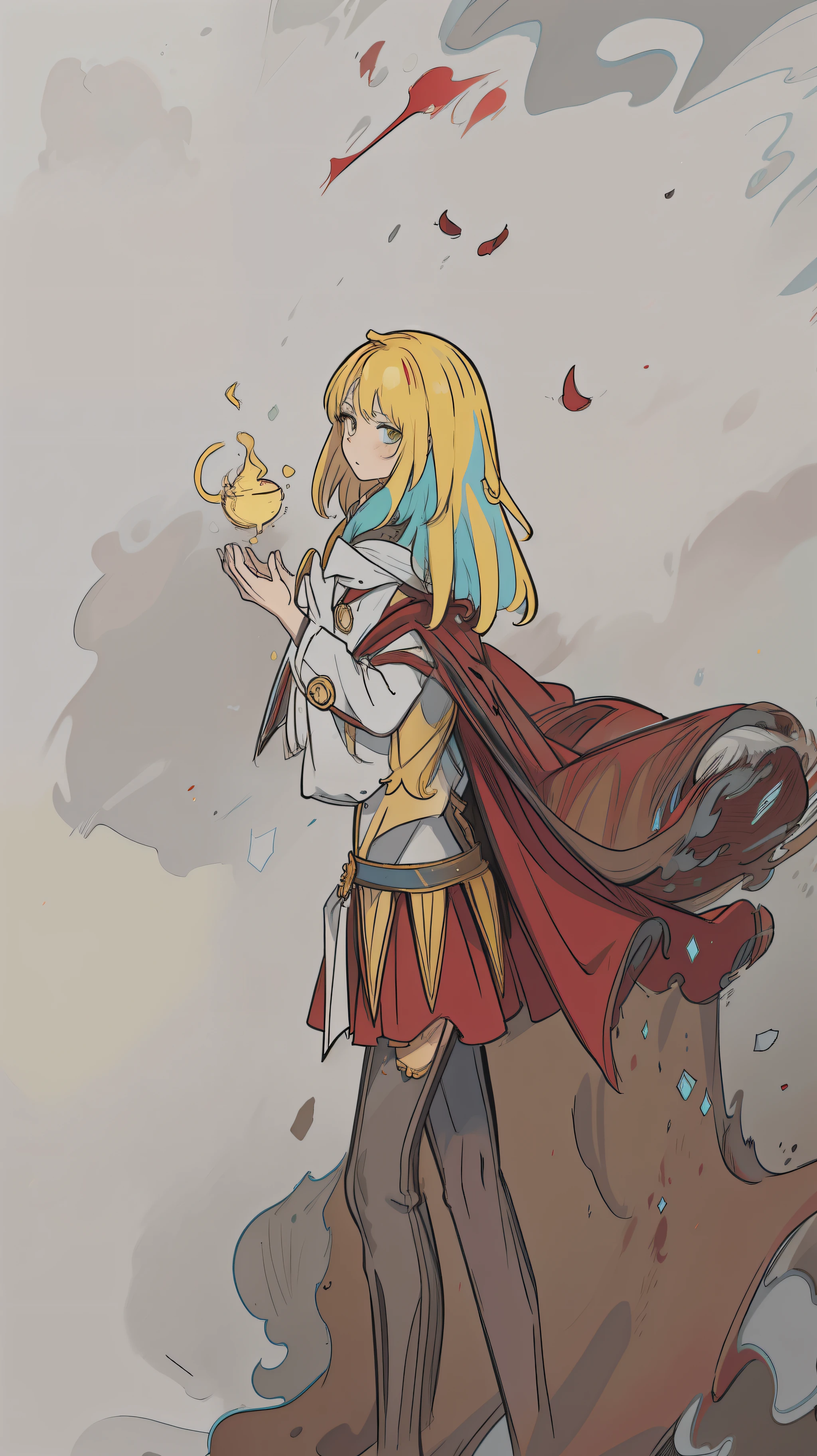 Painting of a girl in a red cloak and a red dress, line art in colour, colored sketch, color drawing, line art in colour, high quality colorful sketch, line art in colour, Magician girl, Female protagonist 👀 :8,Yellow hair,combats,magia,Light element,short detailed hair,High Picture Quality,high qulity,Handsome,battle garment