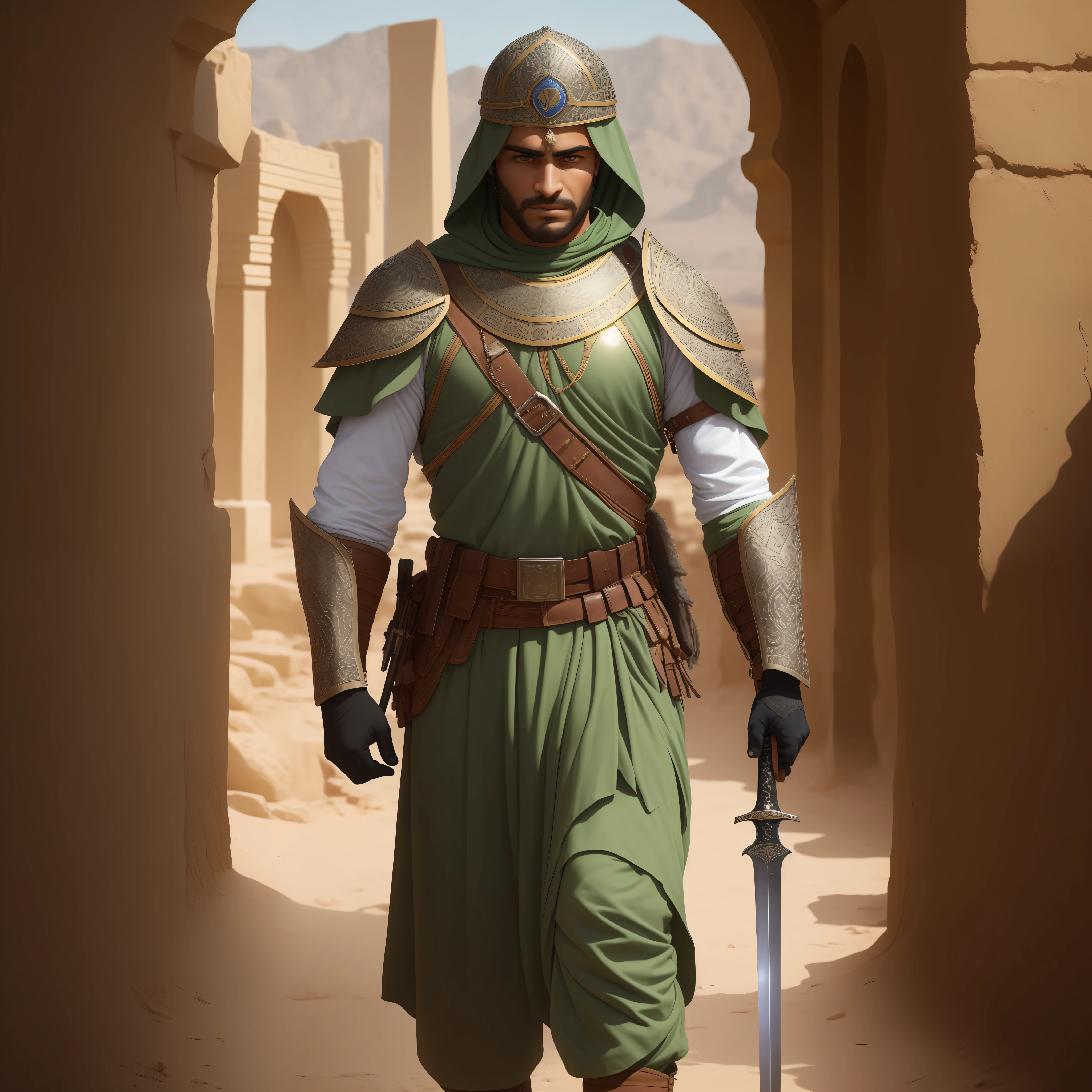 Step into the world of valor and courage with a captivating prompt featuring an Arab soldier wielding a gleaming sword. This evocative image depicts the soldier in the midst of an epic battle, standing tall and resolute. Clad in traditional armor that reflects the rich history and culture of the Arab region, the soldier exudes an aura of strength and determination.
The sword, held firmly in the soldier's hand, catches the light and glints with a sense of purpose. Its blade, carefully crafted with intricate details, symbolizes the soldier's unwavering commitment to protect and defend. With a backdrop of desert landscapes or ancient ruins, this scene immerses you in the timeless heritage of the Arab warriors.