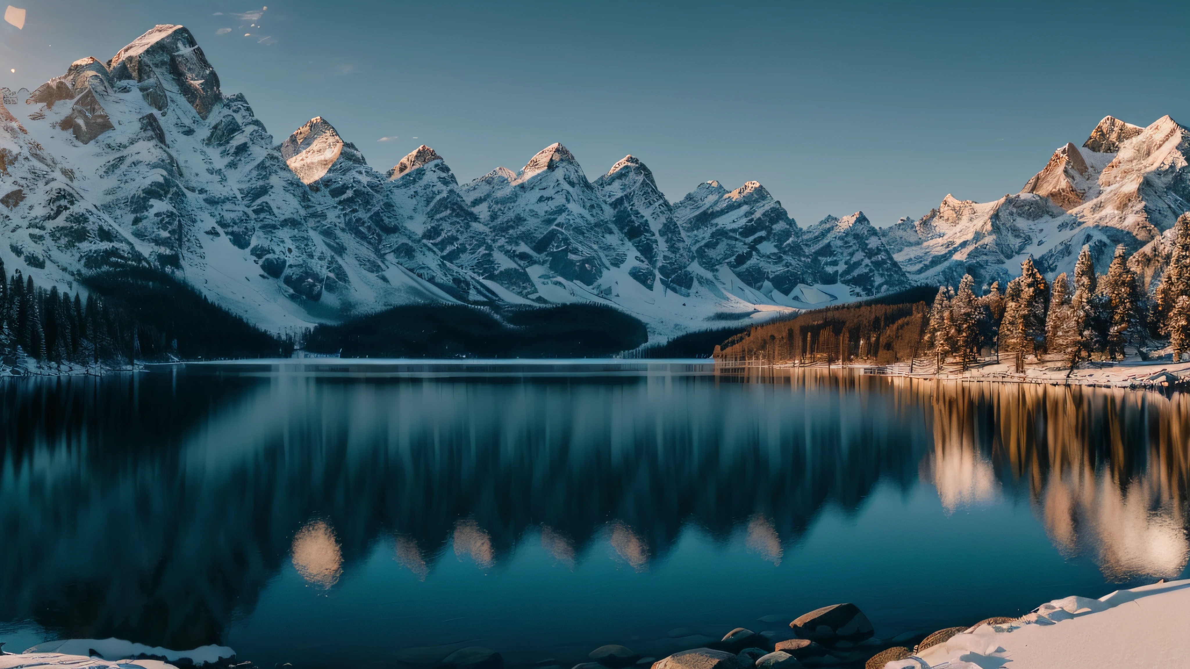 (extremely detailed CG unity 8k wallpaper, masterpiece, best quality, ultra-detailed), (best illumination, best shadow, an extremely delicate and beautiful), (realistic photo), (A beautiful lake at the foot of the snowy mountain range), (dramatic lighting), (beautiful sunny day), (peaceful and relaxing atmosphere)