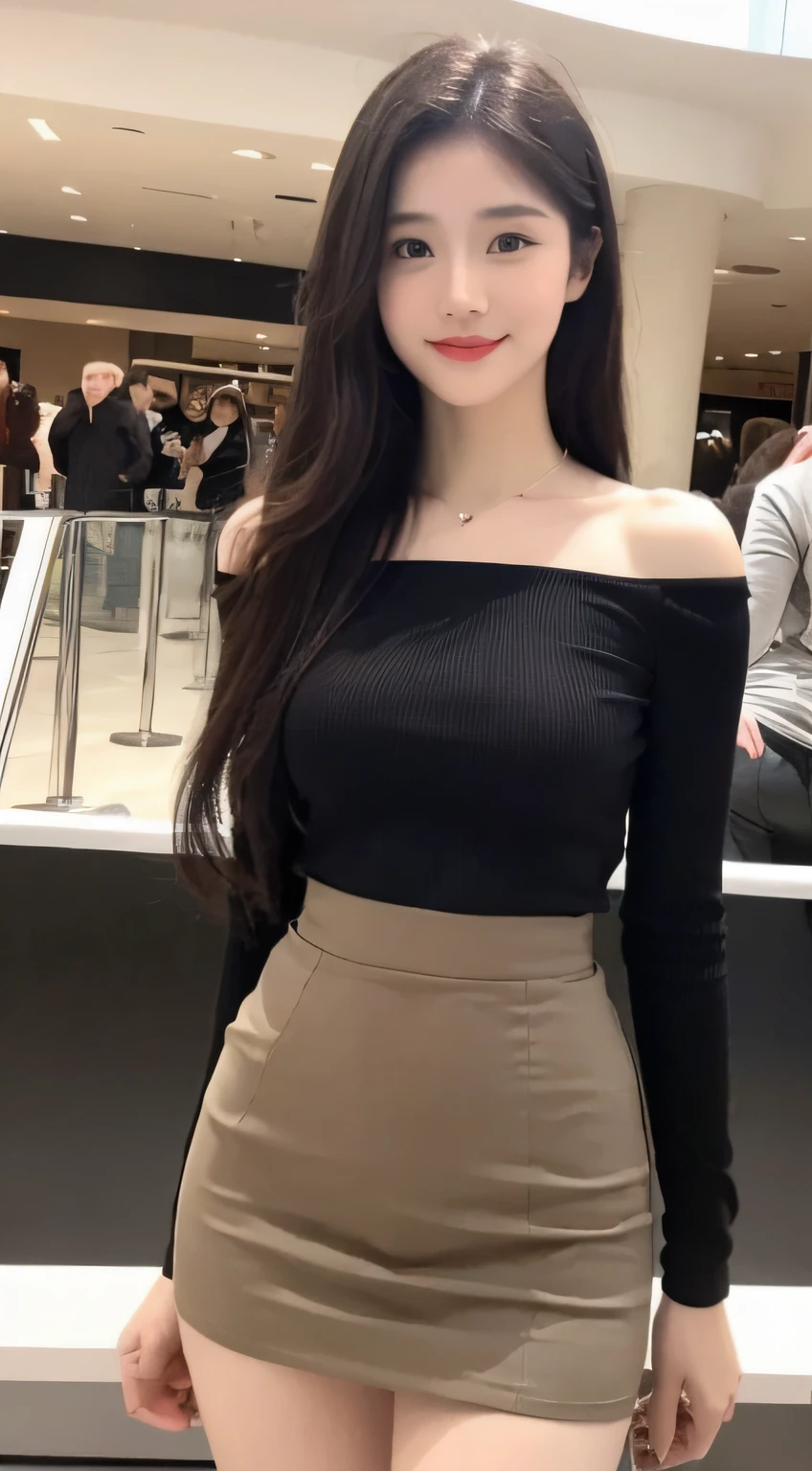 A girl of about 27 years old，simplicity，Extremely beautiful and delicate，(light make-up)，Black color hair，A sweet smile，Delicate and beautiful fair skin，Realistic and realistic，exquisite and complete facial features，Detailed depiction of the face，tall nose bridge，Red lips，Beautiful, gentle and beautiful girl，Smooth hair，extremely detail hair，Feminine temperament，Fill your face light，hyper realisitc，photorealestic，8K quality，extremy detailed，Realistic details，Works of masters，Realistic to the extreme，big breasts body，Beautiful，Pure desire，Stunning beauty，Peerless beauty，Highest image quality，8K分辨率，goddes，ssmile，Fine facial features，Hair over the shoulder，A brown-haired，Large long thick legs，(((High-waisted French top)))，(((short  skirt)))，rays of sunshine，facing at camera，The body is well-proportioned and firm，Gentle eyes，Exposing thighs，stand posture，Stand inside the mall，Full body photo
