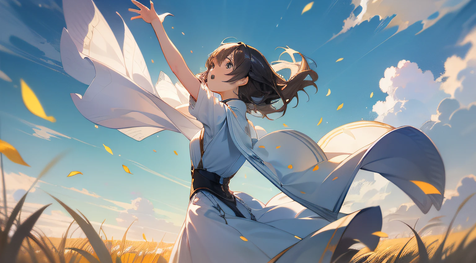 ((extremely detailed CG unity 8k wallpaper,best quality),beautiful,floaty,daytime,grasslands,back turned,wide open arms,looking up at the sky),(1girl),Petals fluttering in the wind