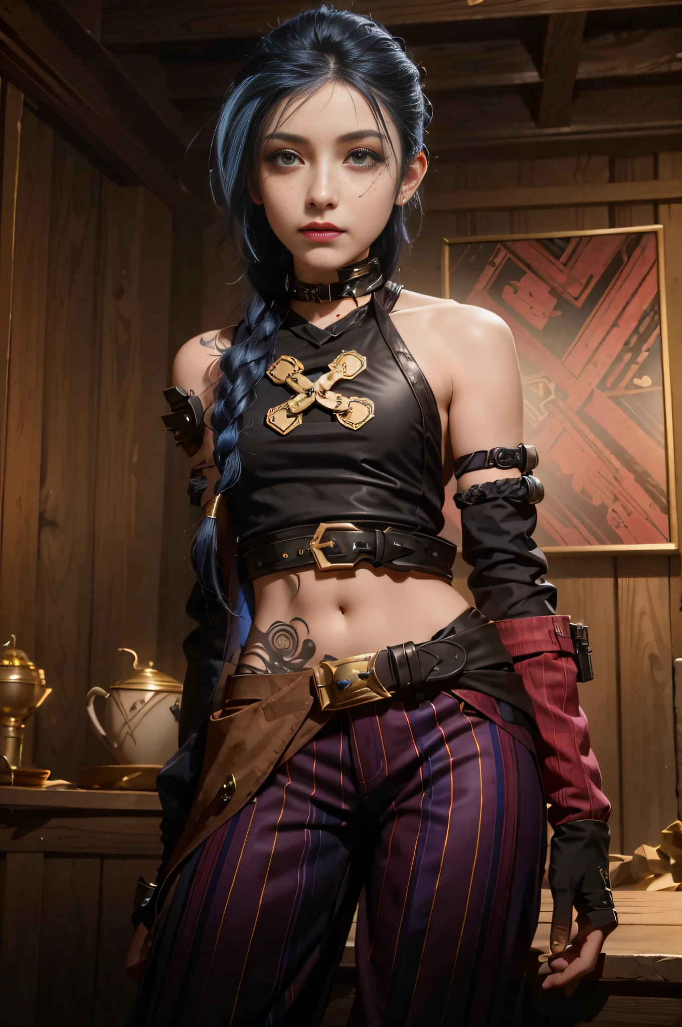Arad woman with blue hair and black blouse poses for a photo, portrait of jinx from arcane, jinx from arcane, hyper-detailed fantasy character, rococo cyberpunk, loba andrade from apex legends, jinx from league of legends, samira from league of legends, fantasy style 8 k octane render, fantasyoutfit, Gorgeous Role Play, Vivid steampunk concept