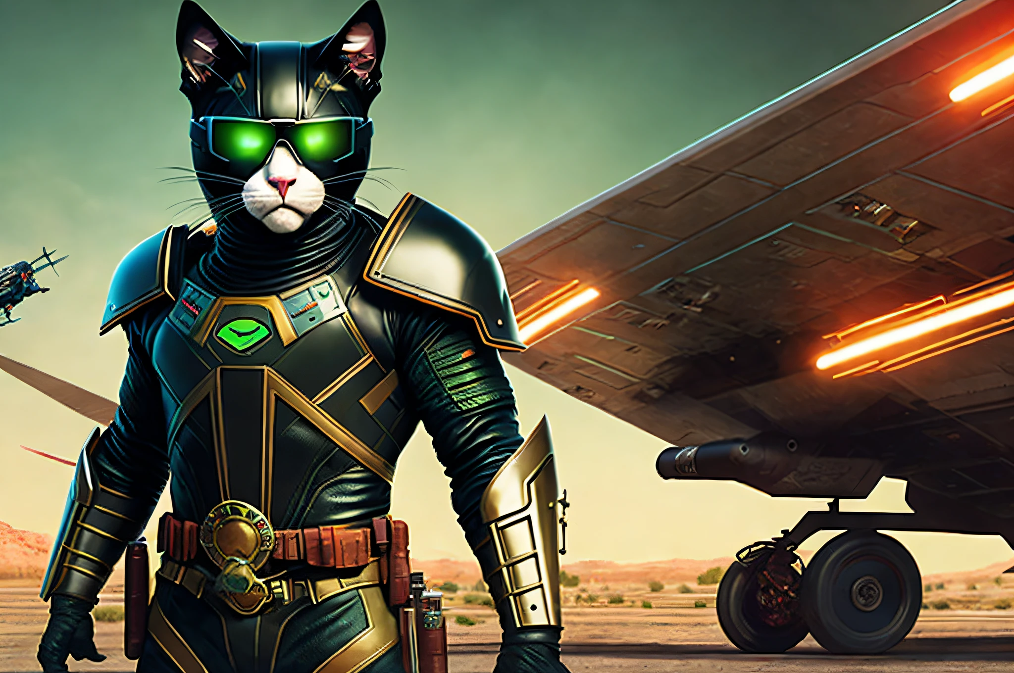 a male black cat wearing the battle suit and the weapons of a green barret, cowboy shot, spaceship background, (realisitic, realisitic Background, high Resolution, Distinct images:1.2), (Very complex, detailed light, detailed shadow:1.1), (F4, 1/800s, ISO 100, raw)