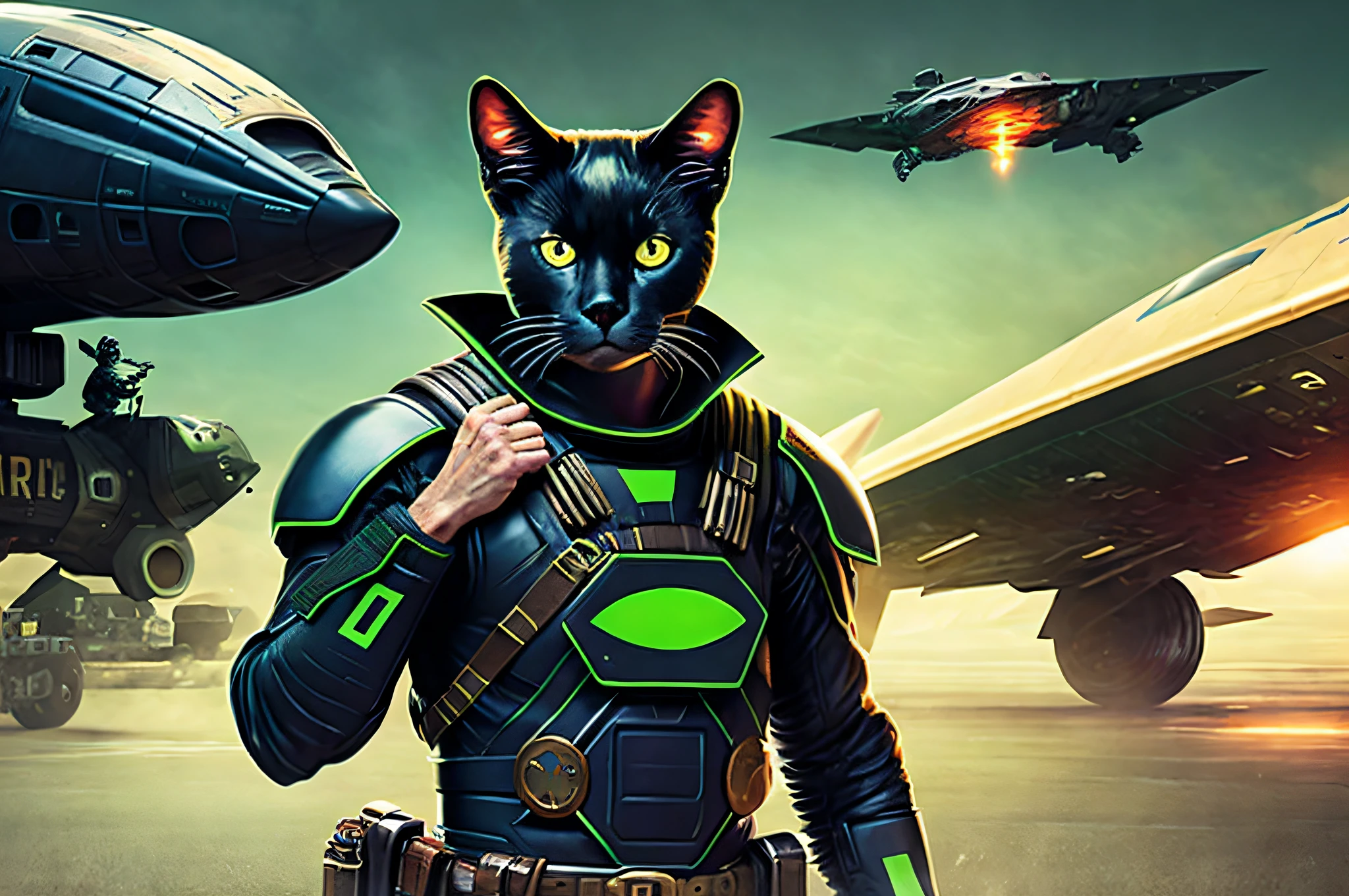 a male black cat wearing the battle suit and the weapons of a green barret, cowboy shot, spaceship background, (realisitic, realisitic Background, high Resolution, Distinct images:1.2), (Very complex, detailed light, detailed shadow:1.1), (F4, 1/800s, ISO 100, raw)