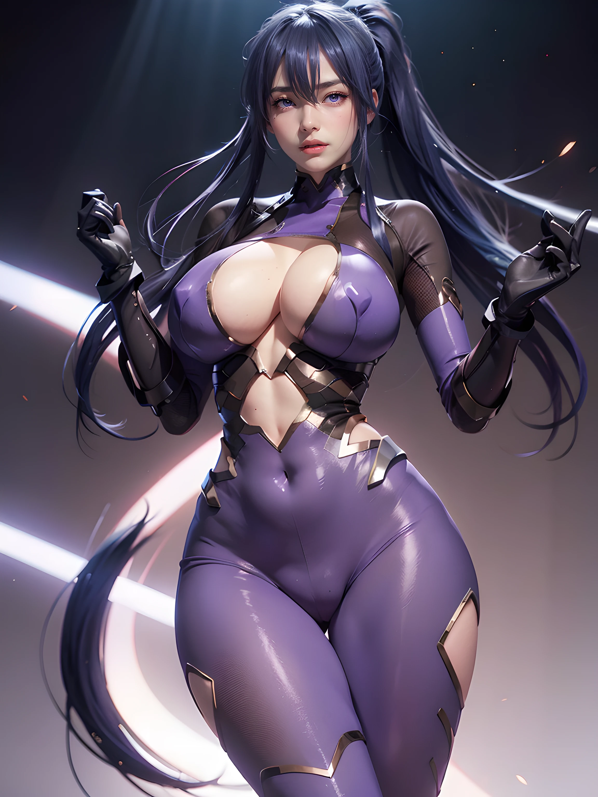 😃　1girl angry black_gloves blue_hair blush bodysuit breasts cameltoe clothing_cutout covered_navel gloves hair_Bland_eyes large_with long breasts_hair looking_で_viewer patreon_username ponytail purple_bodysuit purple_eyes sidelocks signature skin_tight solo taimanin_suit twitter_username underboob underboob_cutout vambraces very_long_hair