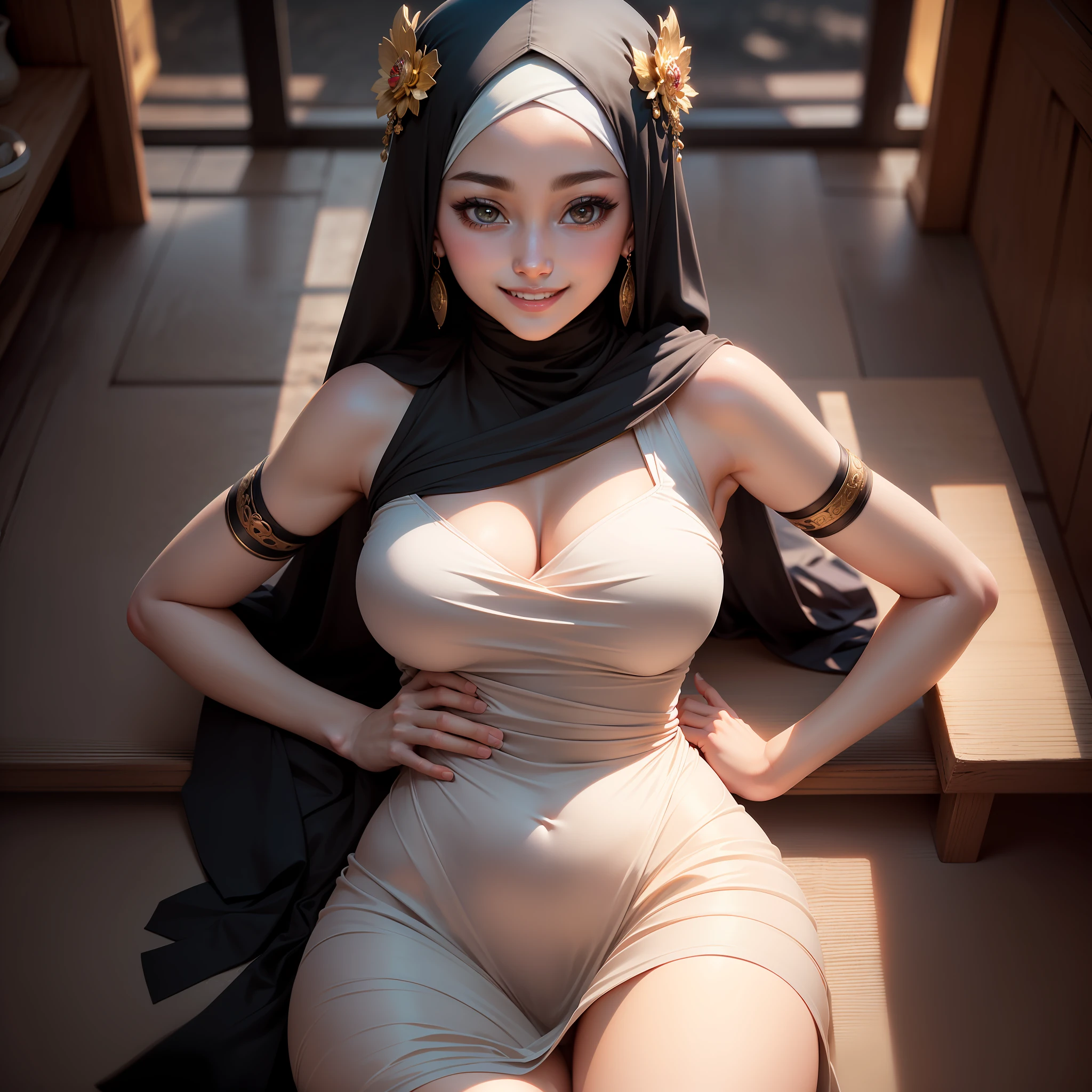 ((legs wide open, crotch wide open)), (cinematic light, top quality, 8K, masterpiece: 1.3), (world wonderful, goddess of Japan, Japan beautiful girl, Korean goddess), (upper body), (one girl),(hijaber),(long dress),happy face , smile,age20,eyye shadow,