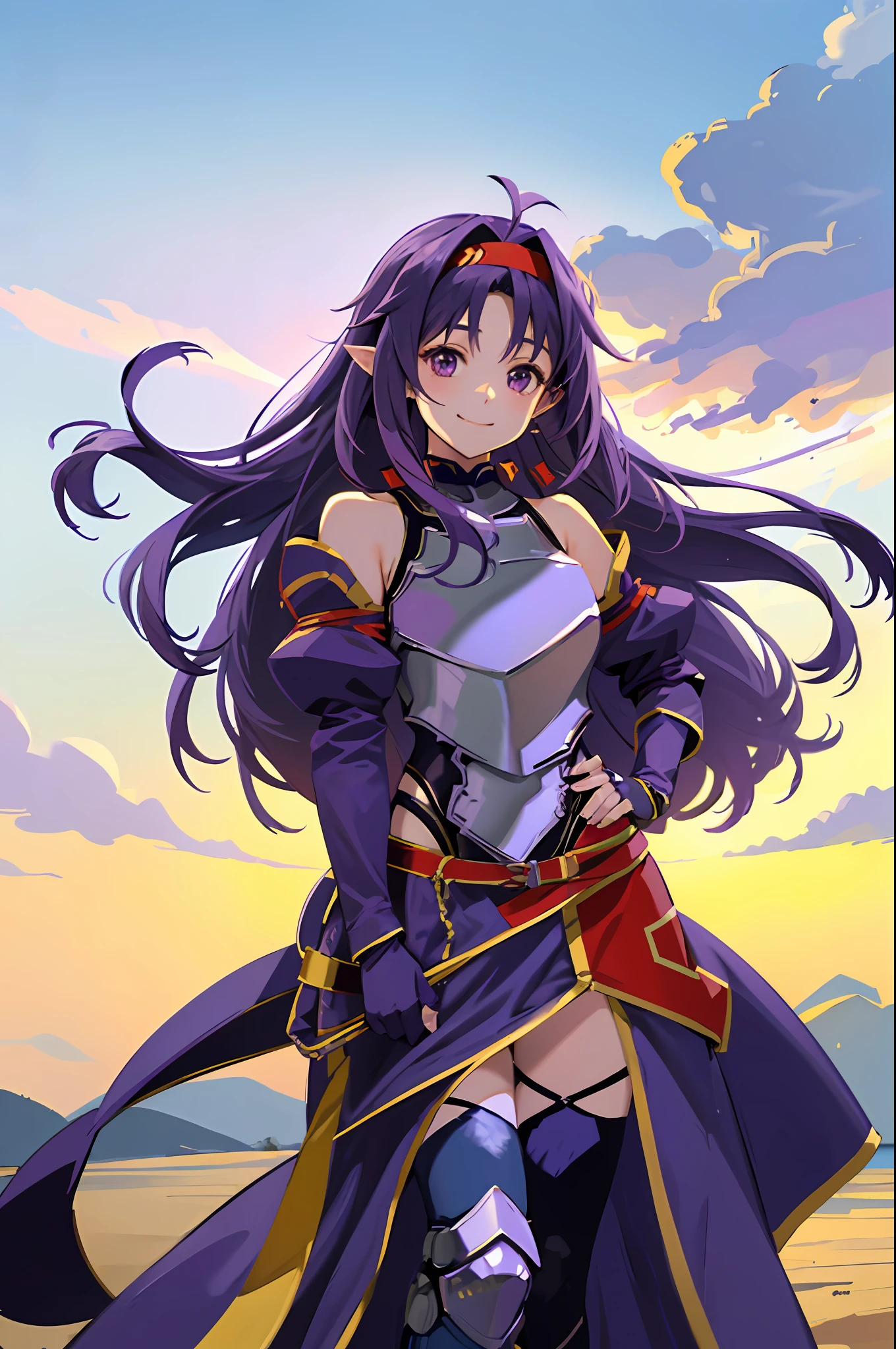 Hip Bent Standing Masterpiece、top-quality、Yuki Konno、Hi-Res、1girl in、Yuuki1、white glove、thigh-high socks、pelvis curtain、Purple hair、Long hair and long hair、side locks、breastplates、Shoulder Armor、Blue Armor、cowboy  shot、A smile、