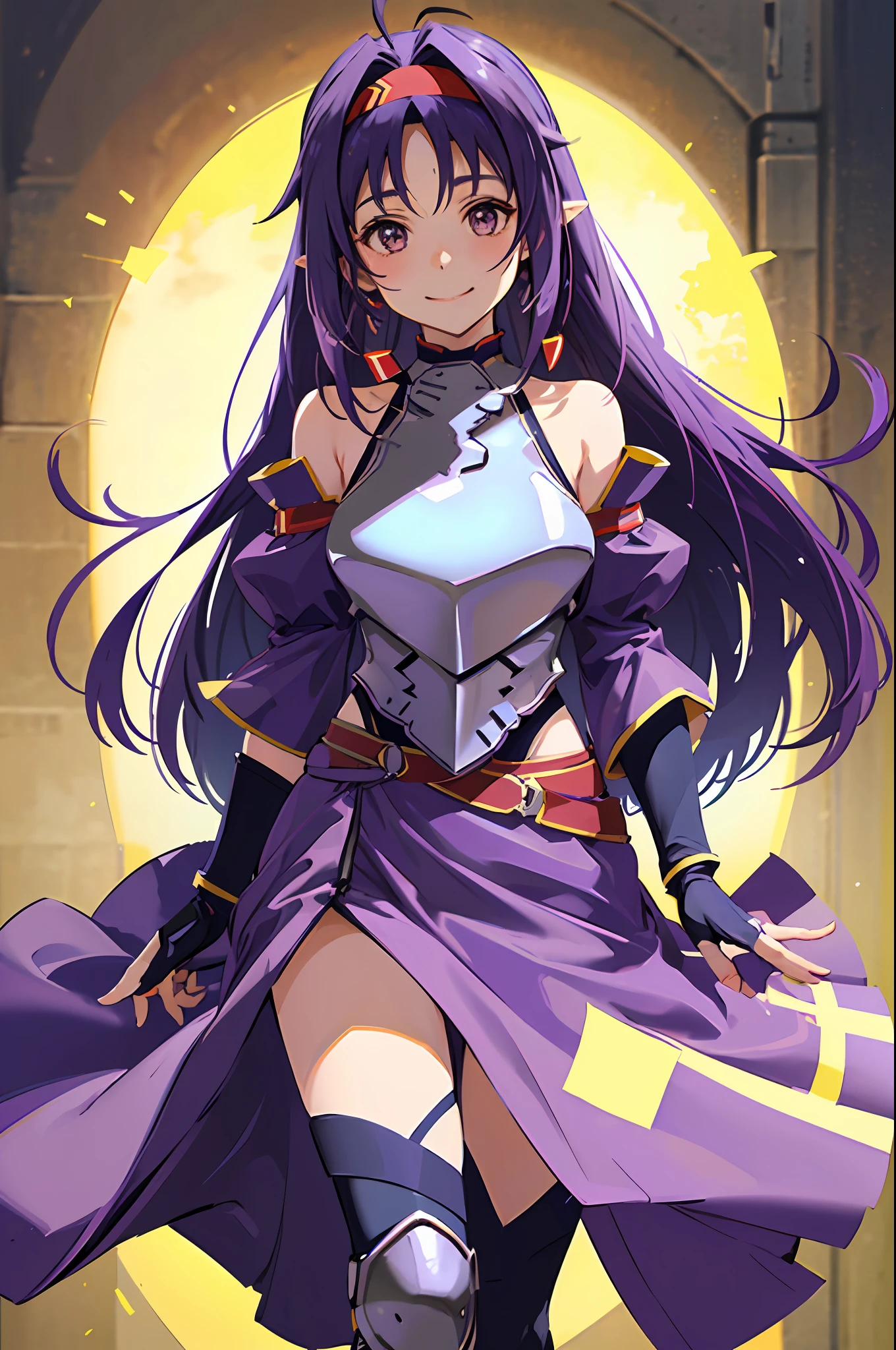 Hip Bent Standing Masterpiece、top-quality、Yuki Konno、Hi-Res、1girl in、Yuuki1、white glove、thigh-high socks、pelvis curtain、Purple hair、Long hair and long hair、side locks、breastplates、Shoulder Armor、Blue Armor、cowboy  shot、A smile、