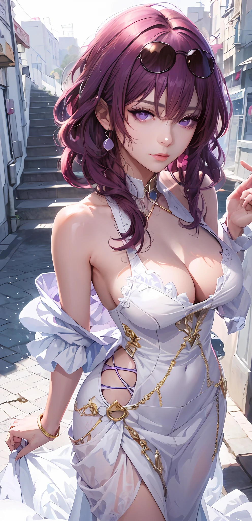Anime girl posing on street with purple hair and purple dress, beautiful and seductive anime woman, seductive anime girls, Anime goddess, Detailed digital anime art, Extremely detailed Artgerm, Beautiful anime woman, Kushatt Krenz Key Art Women, Beautiful anime girl, Detailed anime artwork, detailed anime art, beautiful fantasy anime, highly detailed exquisite fanart