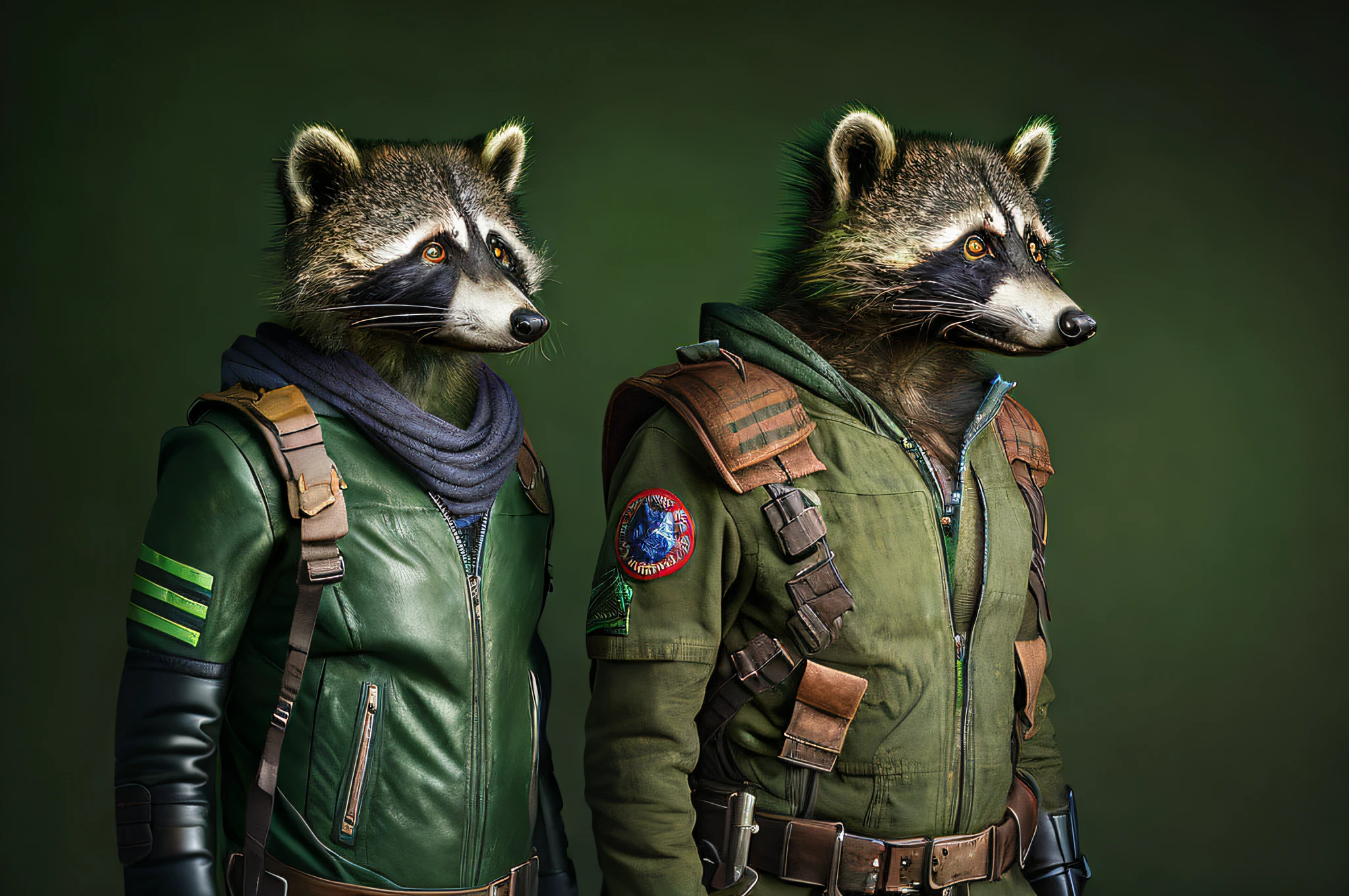 a male racoon wearing the battle suit and the weapons of a green barret, cowboy shot, spaceship background, (realisitic, realisitic Background, high Resolution, Distinct images:1.2), (Very complex, detailed light, detailed shadow:1.1), (F4, 1/800s, ISO 100, raw)