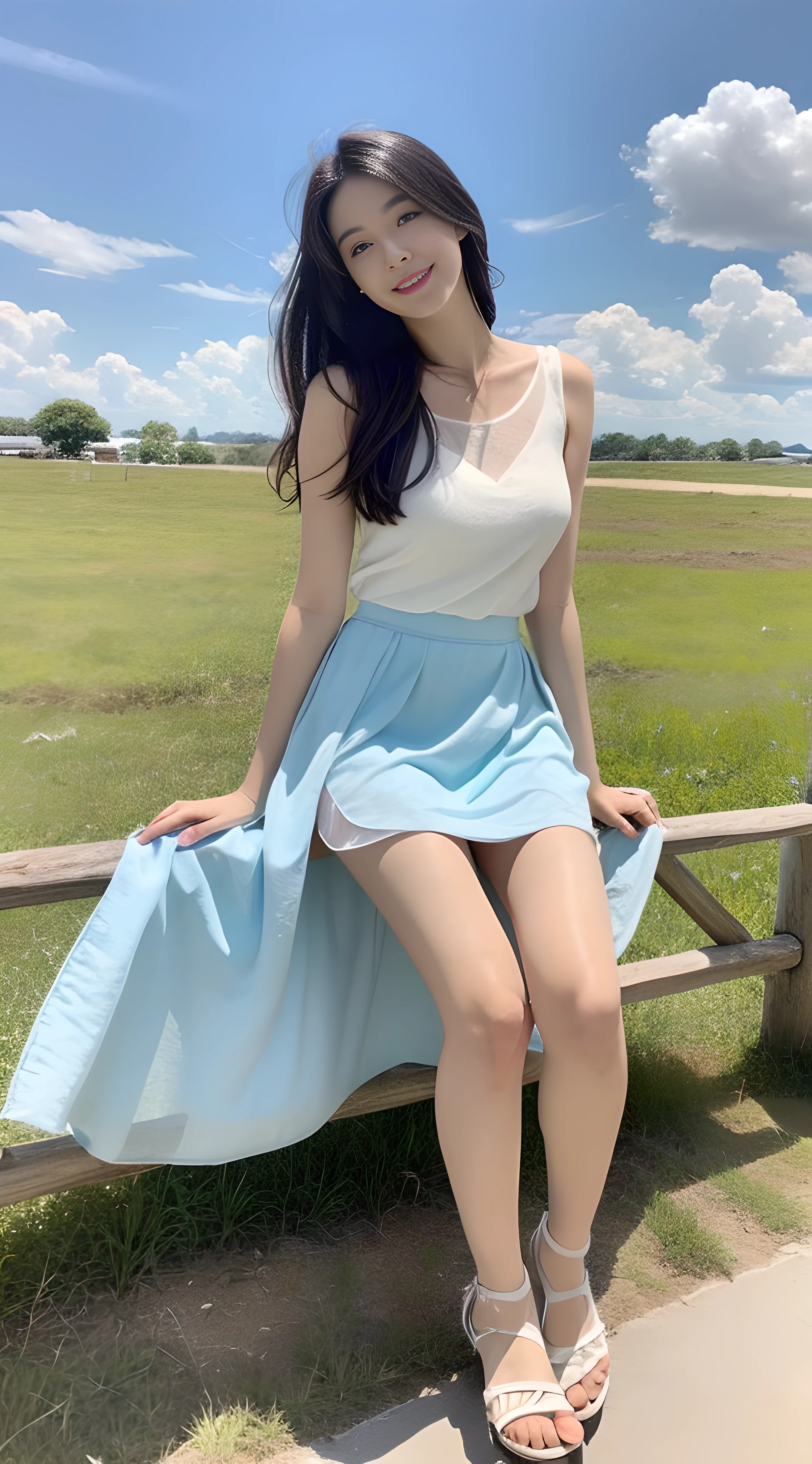 A nice and cute girl,Full body photo,Extremely beautiful and delicate,Black color hair,A sweet smile,Delicate and beautiful fair skin,Realistic and realistic,exquisite and complete facial features,Detailed depiction of the face,tall nose bridge,Smooth hair,extremely detail hair,Feminine temperament,Fill your face light,Tall and tall,Thin,sandals,Realiy,Hyper-realism,full body shot shot,Forward tilt angle,Extreme picture quality,Highest precision,Precise and perfect human anatomy。with blue sky and white clouds,Sitting on the Steppe,with blue sky and white clouds,rays of sunshine,cattle and sheep,(White chiffon skirt)Panties are clearly visible. telephoto shot,Express the landscape,Highlight portrait。
