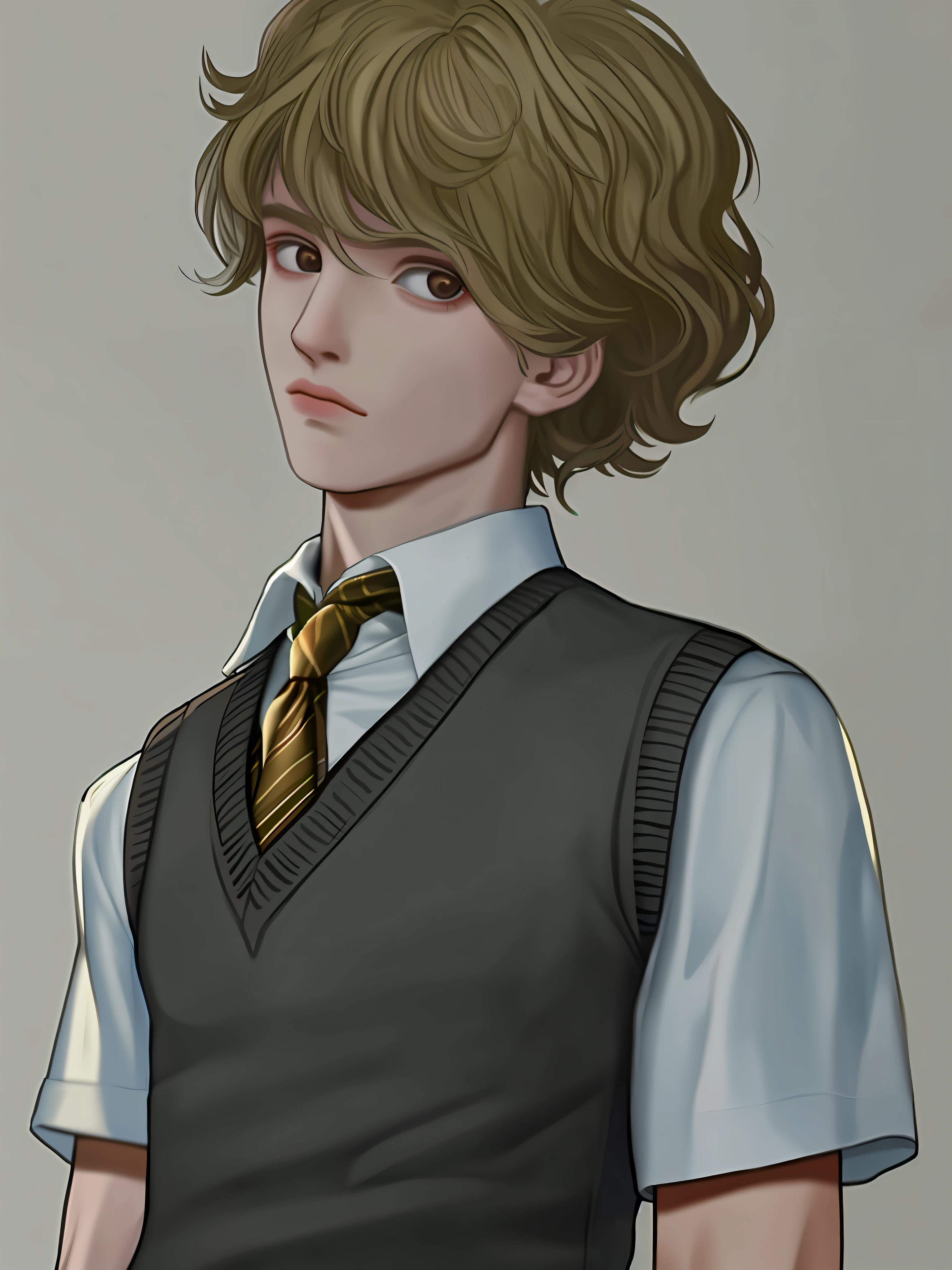 masterpiece, best quality, 1boy, solo, collared shirt, white shirt, sweater vest, tie, short sleeves, half body, looking at viewer