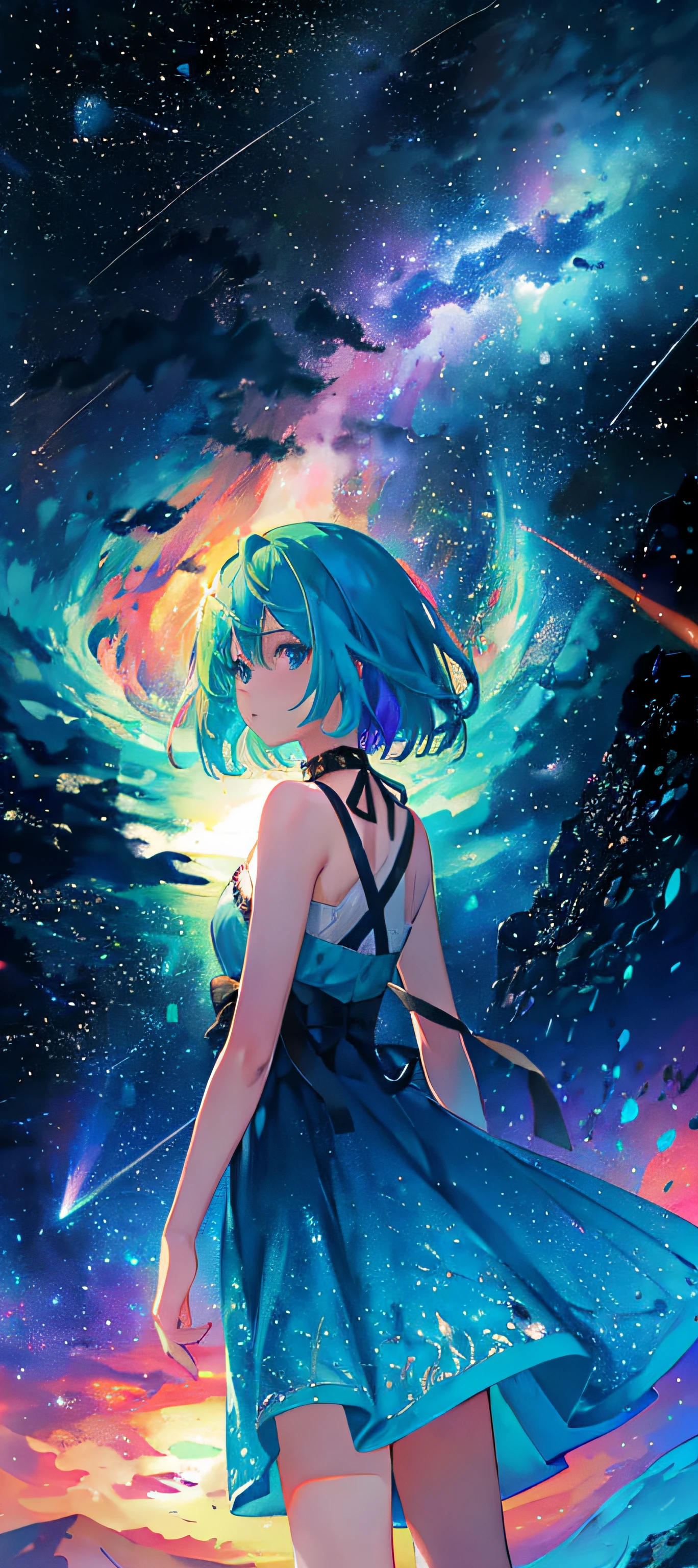1girl, distant girl, rainbow colored hair, wearing a teal dress armor, staring at the stars, (zoomed out:1.1), (meteor shower:1.2), (comet:1.1), low angle, from behind, aurora borealis, shooting star, surrounded by flowers petals, standing in a field, best quality, masterpiece, cloud, colorful, starry, stars