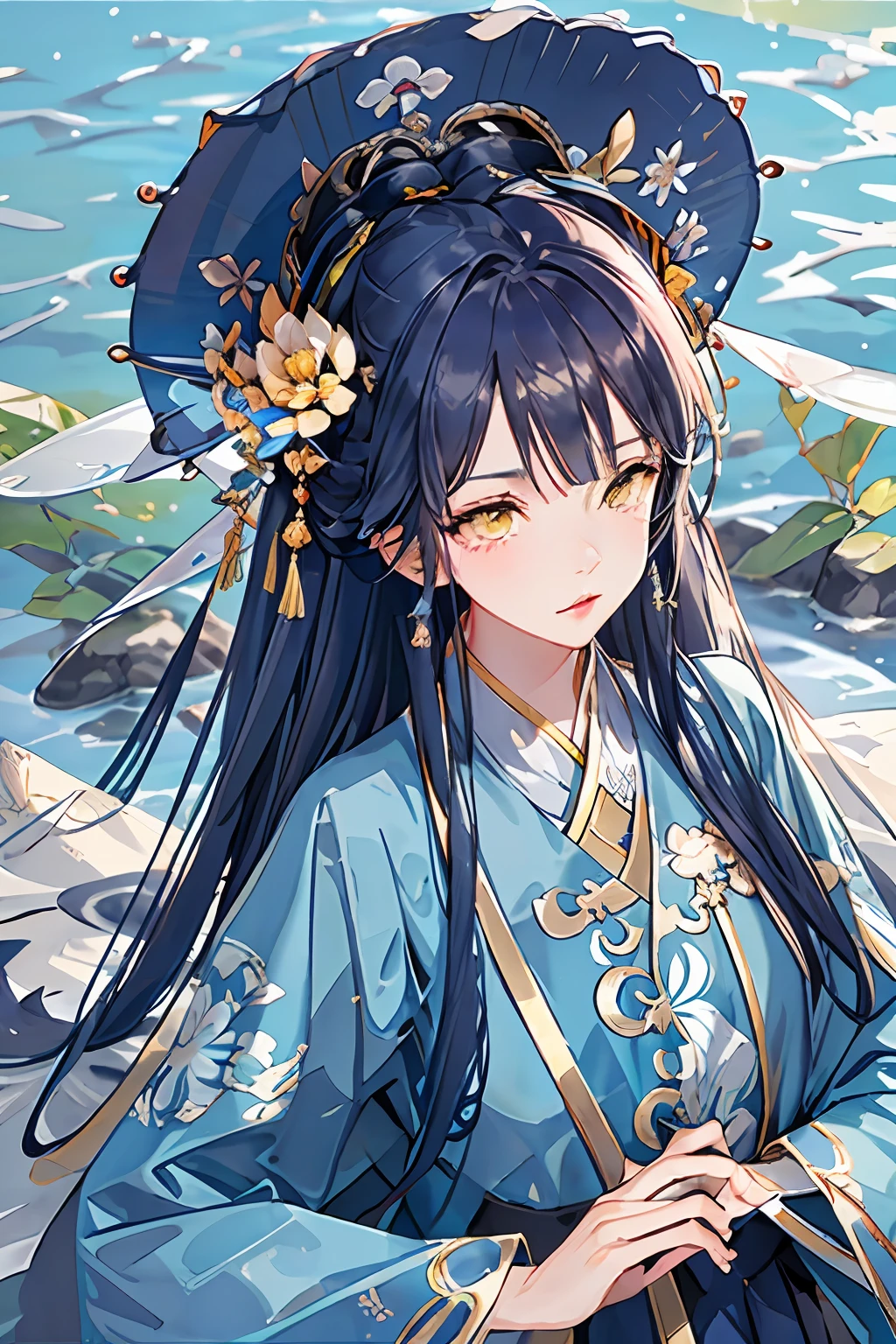 Best quality at best，Complicated details，A high resolution，（beautiful detailed  water：1.4），（Hanfu，Tang Feng），yellow eyes，Blue hair，Straw Hat Hat，knight-errant，long sword，veils，A look of slaughter