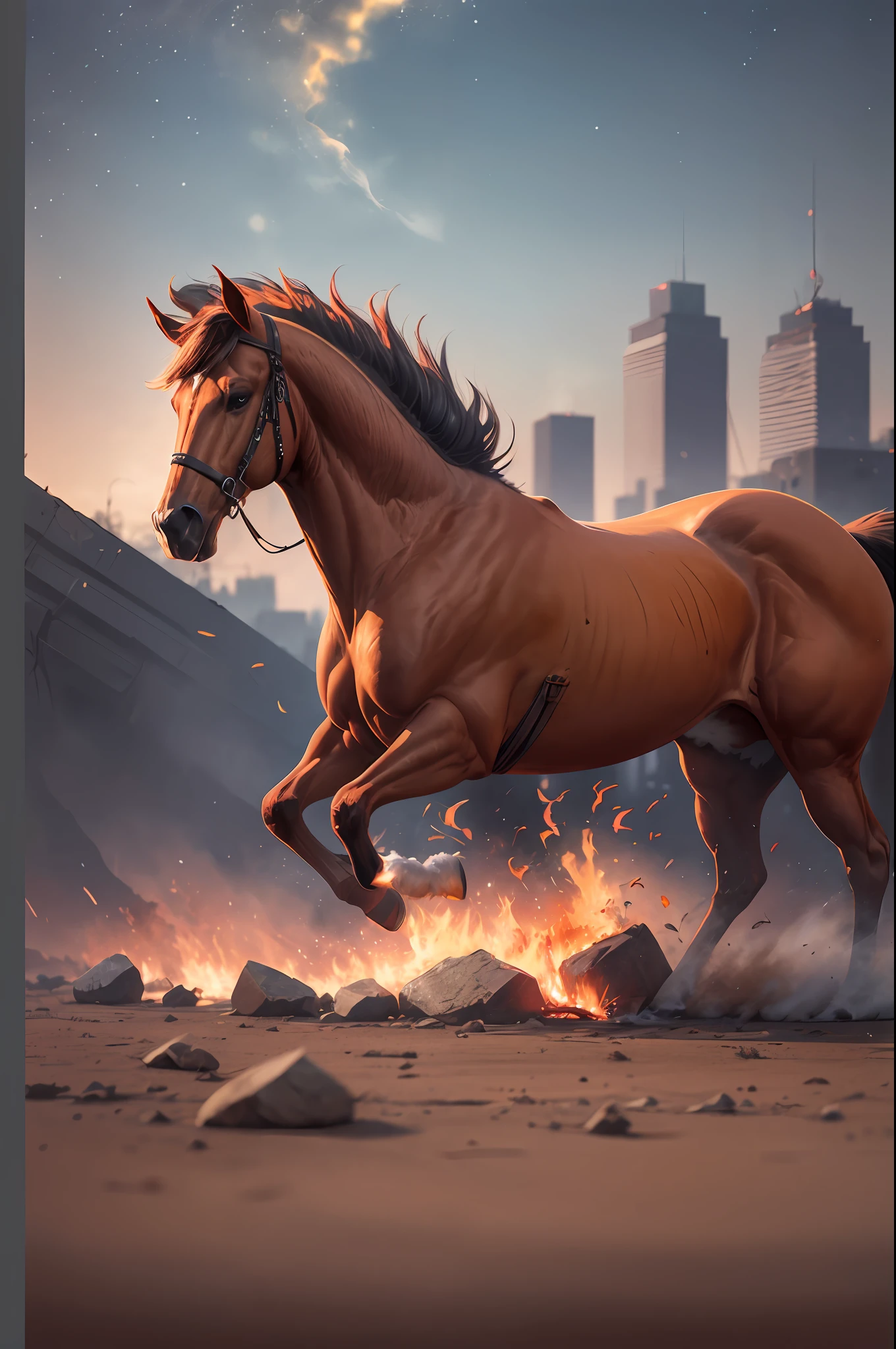 Un cheval courant en feu,(Feu rouge:1.3), bonne main,4K, high resolucion, Masterpiece, Best quality, cap:1.3,((Photographie Hasselblad)), mise au point nette, (lighting cinematic), clavicule, Nuit, softlighting, Angle dynamique, [:(Detailed face:1.2):0.2], outside, ville,Fond monochrom --auto --s2