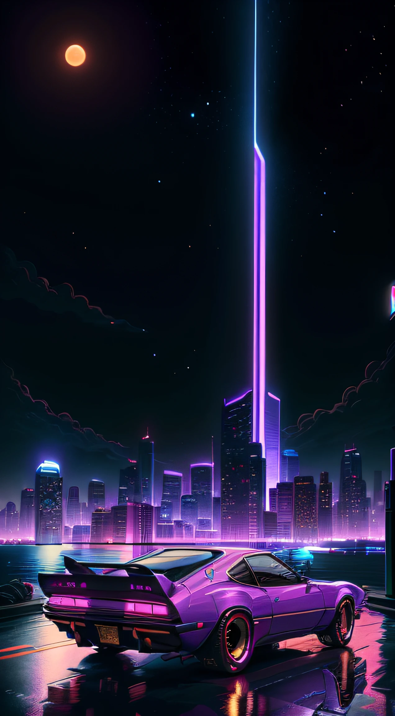 retrowave. city, 1969 Nissan S30, wide body kit, road, purple neon lights, sun, mountain,
(masterpiece,detailed,highres),
