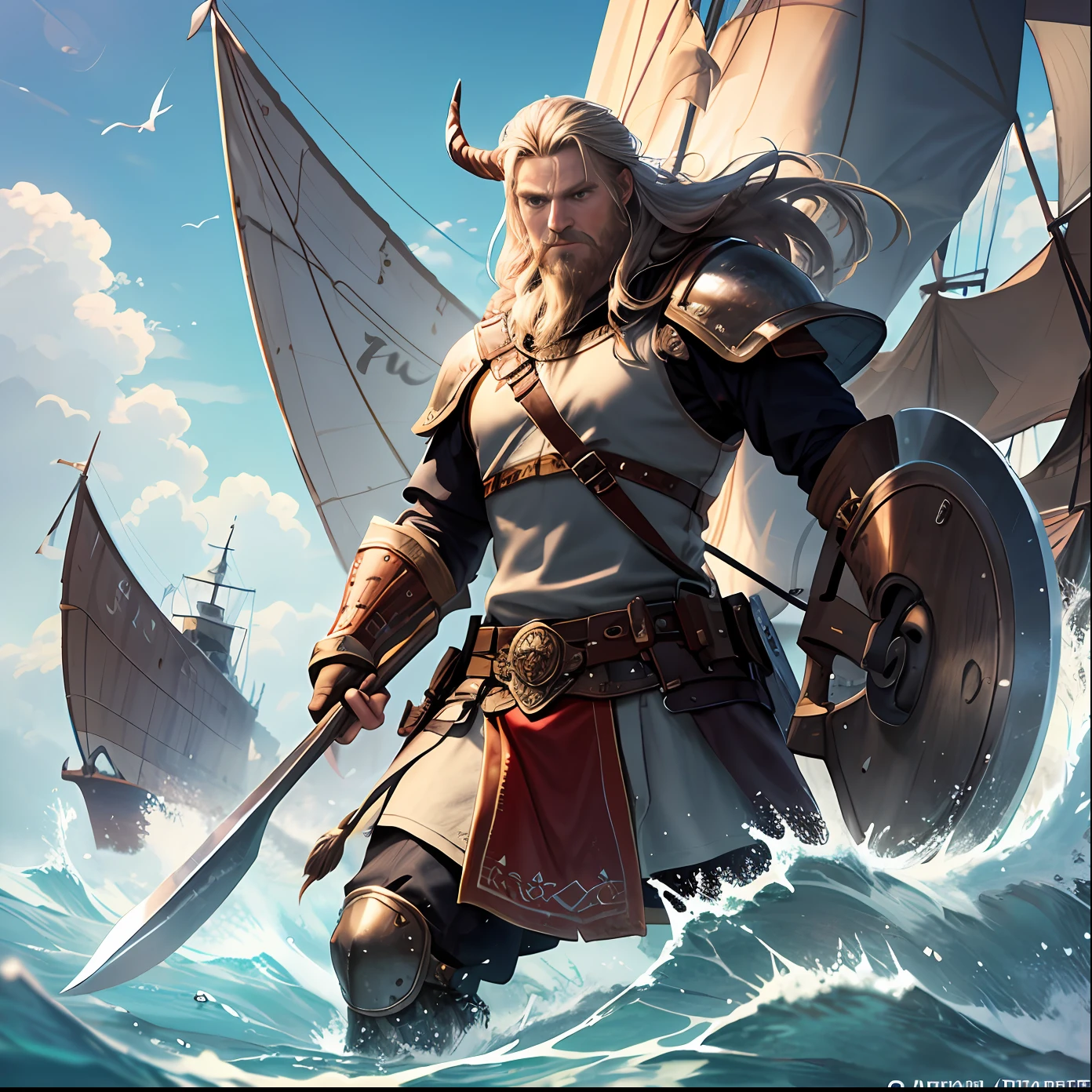Create a Viking warrior wielding an axe standing on the bow of a ship with ocean waves, accompanied by a Viking army behind.