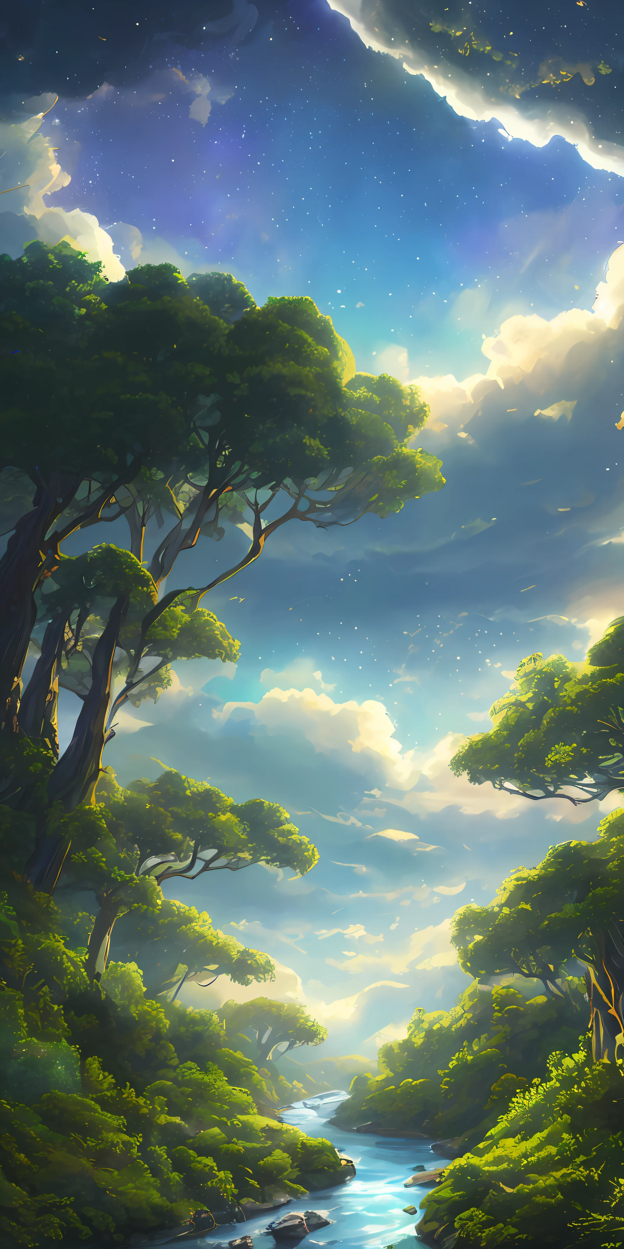 Illustration of a surreal, otherworldly, hyper sky scene including a giant crystal tree full body, highly detailed and magical lighting, intricate forest details, vegetation and surrounding river, solar punk, landscape, giant tree , beautiful green leaves, beautiful lighting and realistic proportions, as if this is a movie background, 8k, highest quality, masterpiece, clouds and stars in the sky.