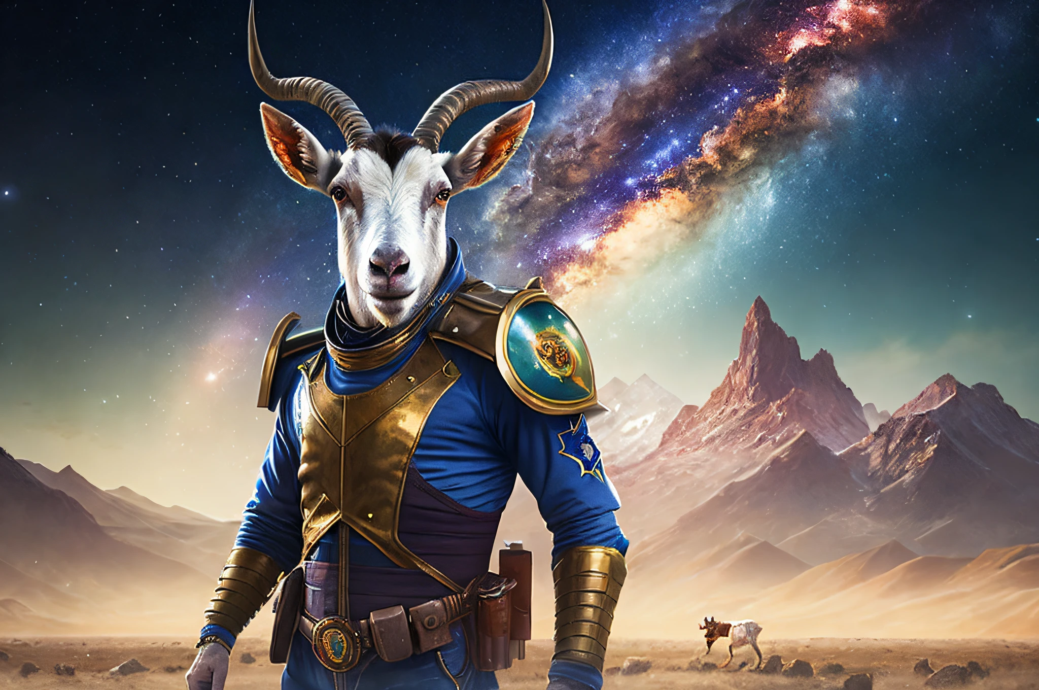 a male goat wearing the battle suit with the weapons, cowboy shot, Galaxy, spaceship background, (realisitic, realisitic Background, high Resolution, Distinct images:1.2), (Very complex, detailed light, detailed shadow:1.1), (F4, 1/800s, ISO 100, raw)