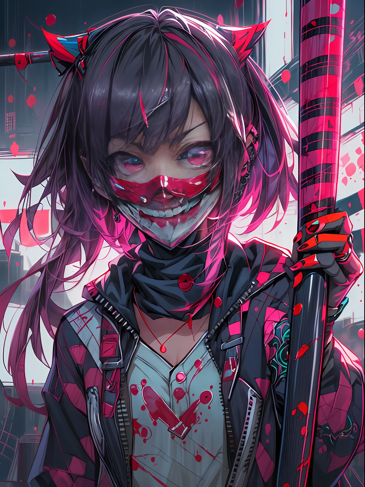 A  girl, (cyber style mask), killer, ((holding a bloodstained baseball bat)),evil smile, high detail, 4K, wallpaper, (((anime style)))