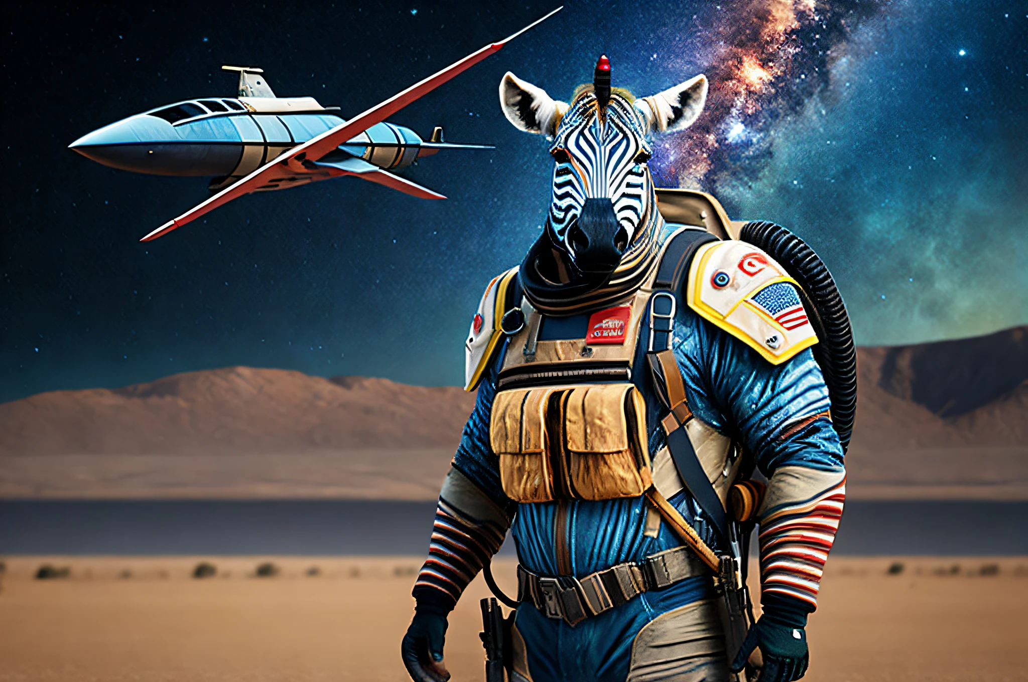 a male zebra wearing the battle suit with the weapons, cowboy shot, Galaxy, spaceship background, (realisitic, realisitic Background, high Resolution, Distinct images:1.2), (Very complex, detailed light, detailed shadow:1.1), (F4, 1/800s, ISO 100, raw)