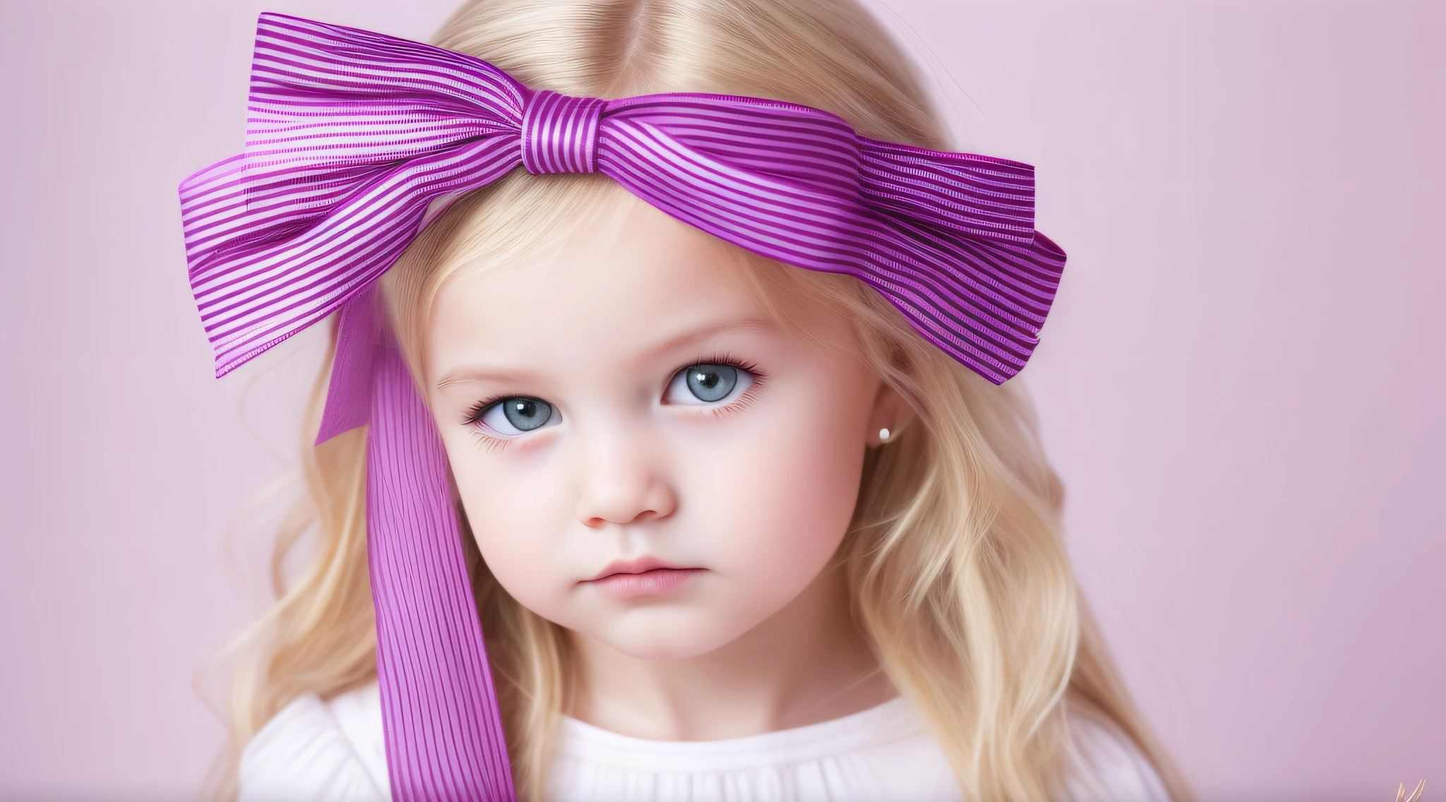 Russian style, girl children , photo studio white infinite background, close-up, bust, portrait , long blonde hair TRACES and giant bow PURPLE on head