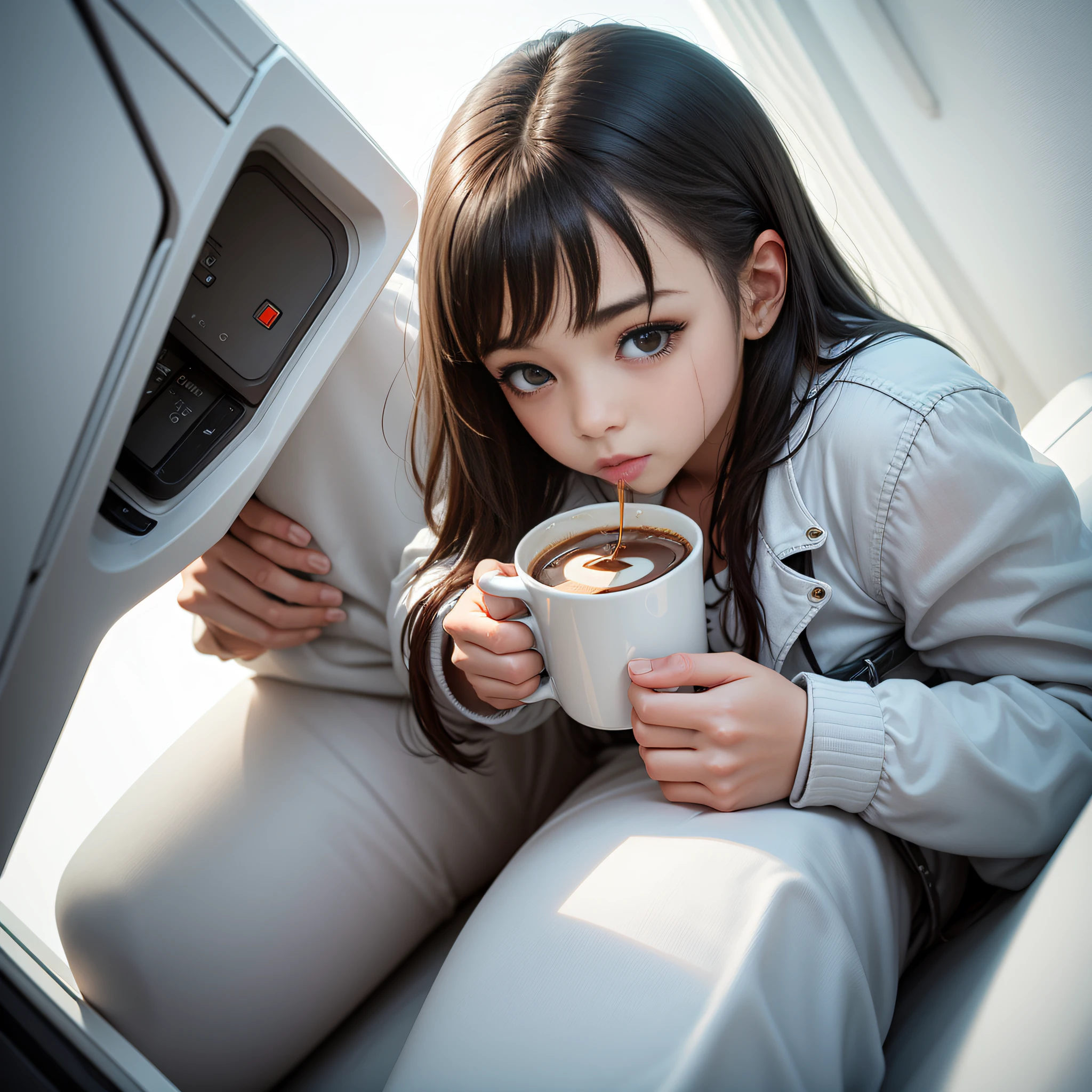 A girl drinks coffee in a white room --auto