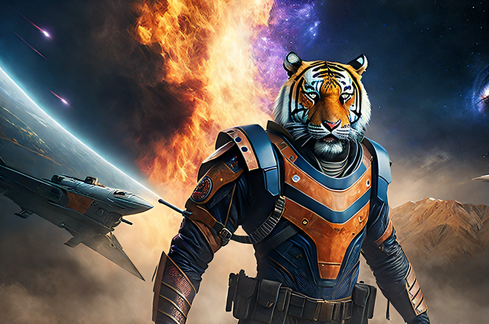 a male tiger wearing the battle suit with the weapons, cowboy shot, Galaxy, spaceship background, (realisitic, realisitic Background, high Resolution, Distinct images:1.2), (Very complex, detailed light, detailed shadow:1.1), (F4, 1/800s, ISO 100, raw)