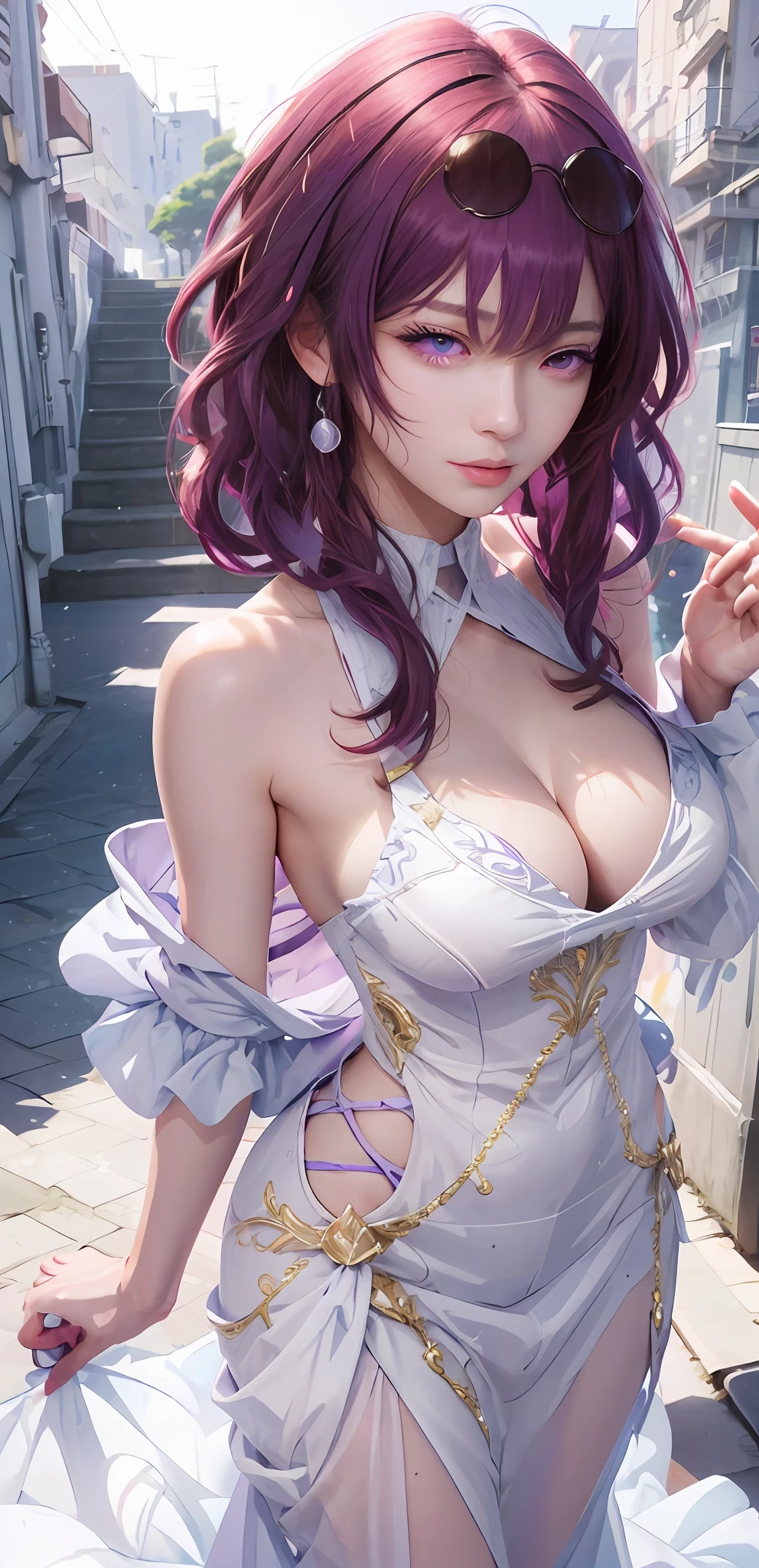 Anime girl posing on street with purple hair and purple dress, beautiful and seductive anime woman, seductive anime girls, Anime goddess, Detailed digital anime art, Extremely detailed Artgerm, Beautiful anime woman, Kushatt Krenz Key Art Women, Beautiful anime girl, Detailed anime artwork, detailed anime art, beautiful fantasy anime, highly detailed exquisite fanart
