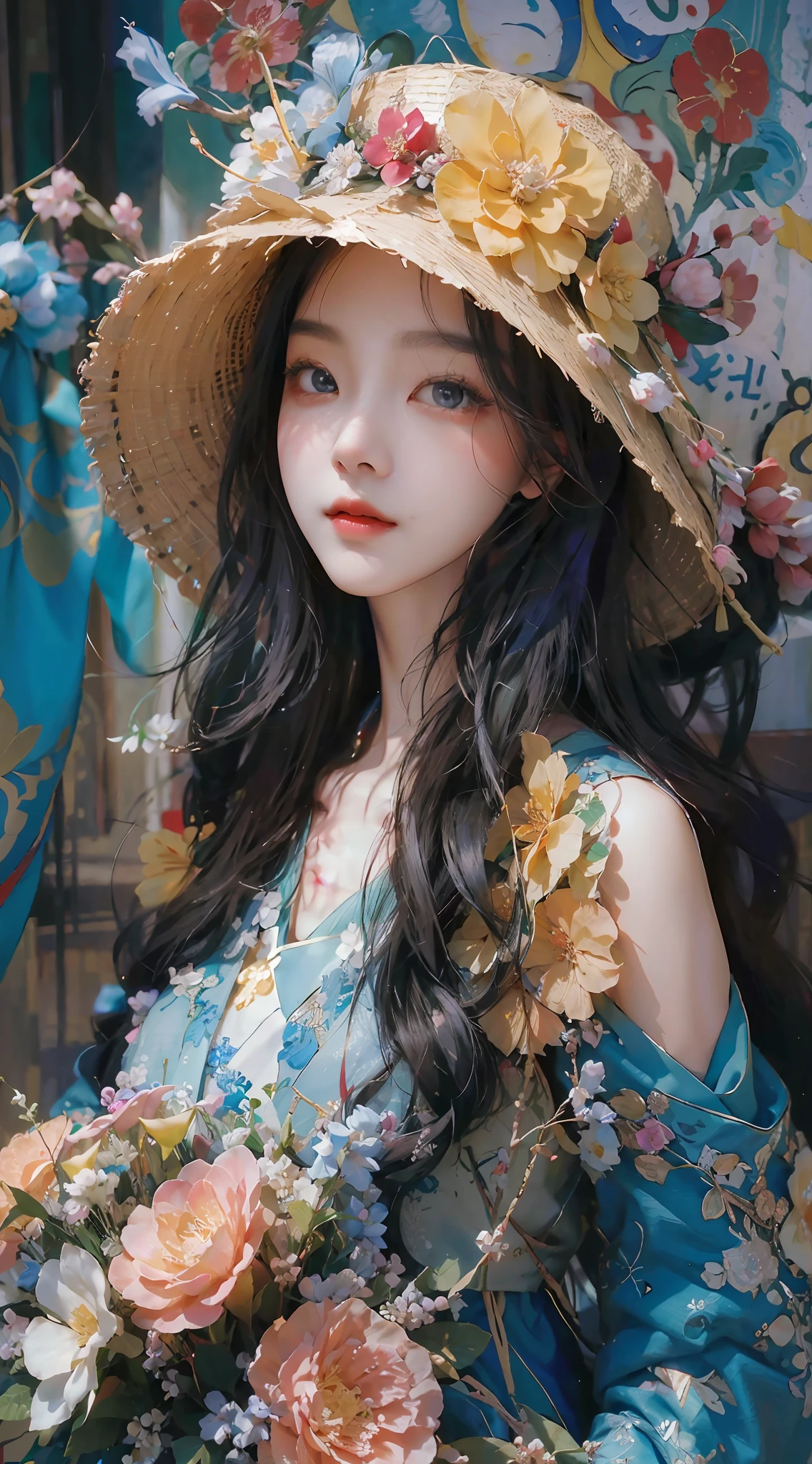 tmasterpiece, 最佳畫面, Award-winning photography, Arad woman in flowers and blue dress Beautiful Korean woman, Beautiful young Korean woman, beautiful portrait image, very beautiful portrait, A girl in Hanfu, Fan Bingbing,Beautiful portrait, with straw hat,Flowers open, Enchanted smile, Eyes look at the audience,