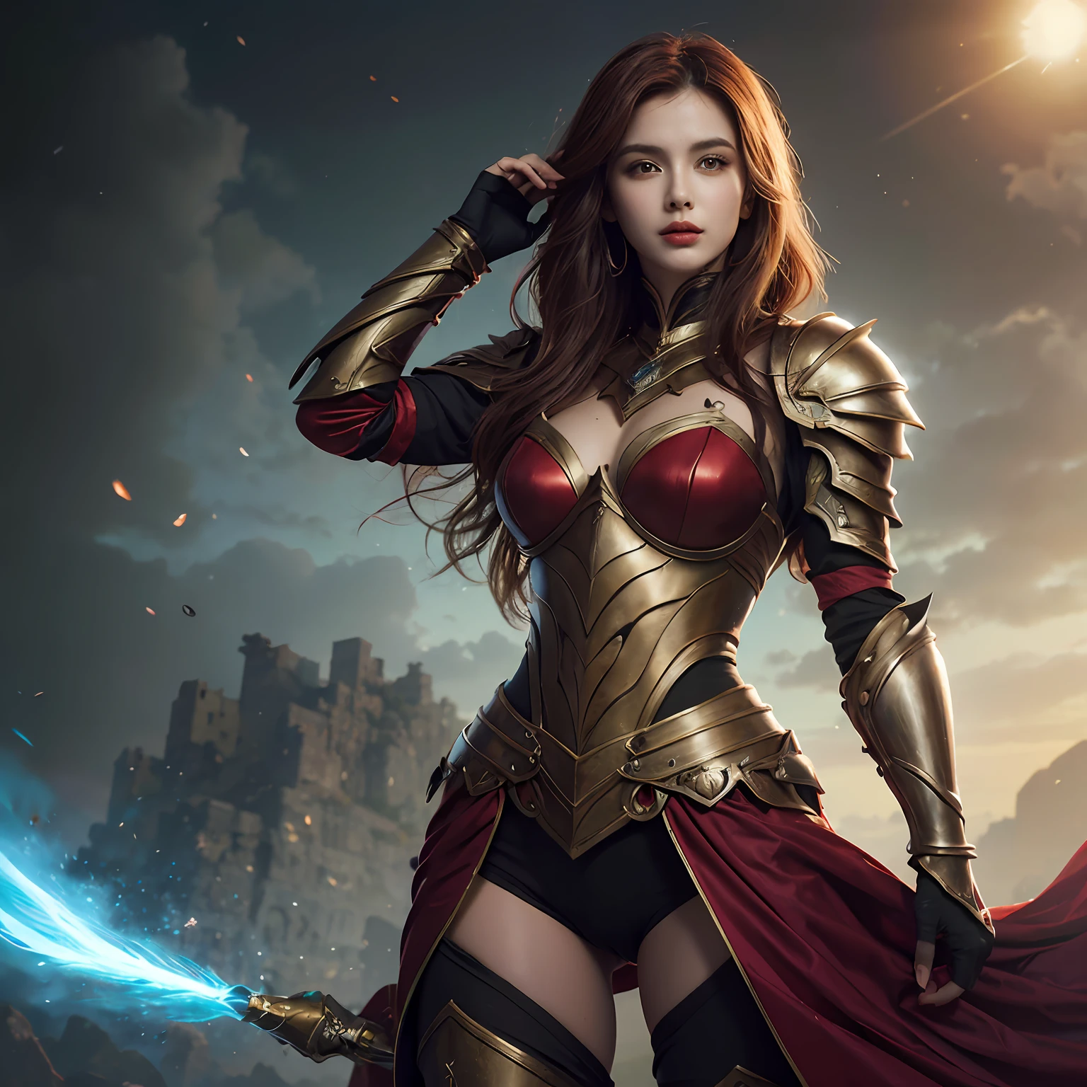 Personagem feminina adulta com beleza estonteante, cabelo curto vermelho radiante, rosto adornado com sardas delicadas, olhos laranja penetrantes, wearing imposing magical armor, imagem realista em qualidade 4k.