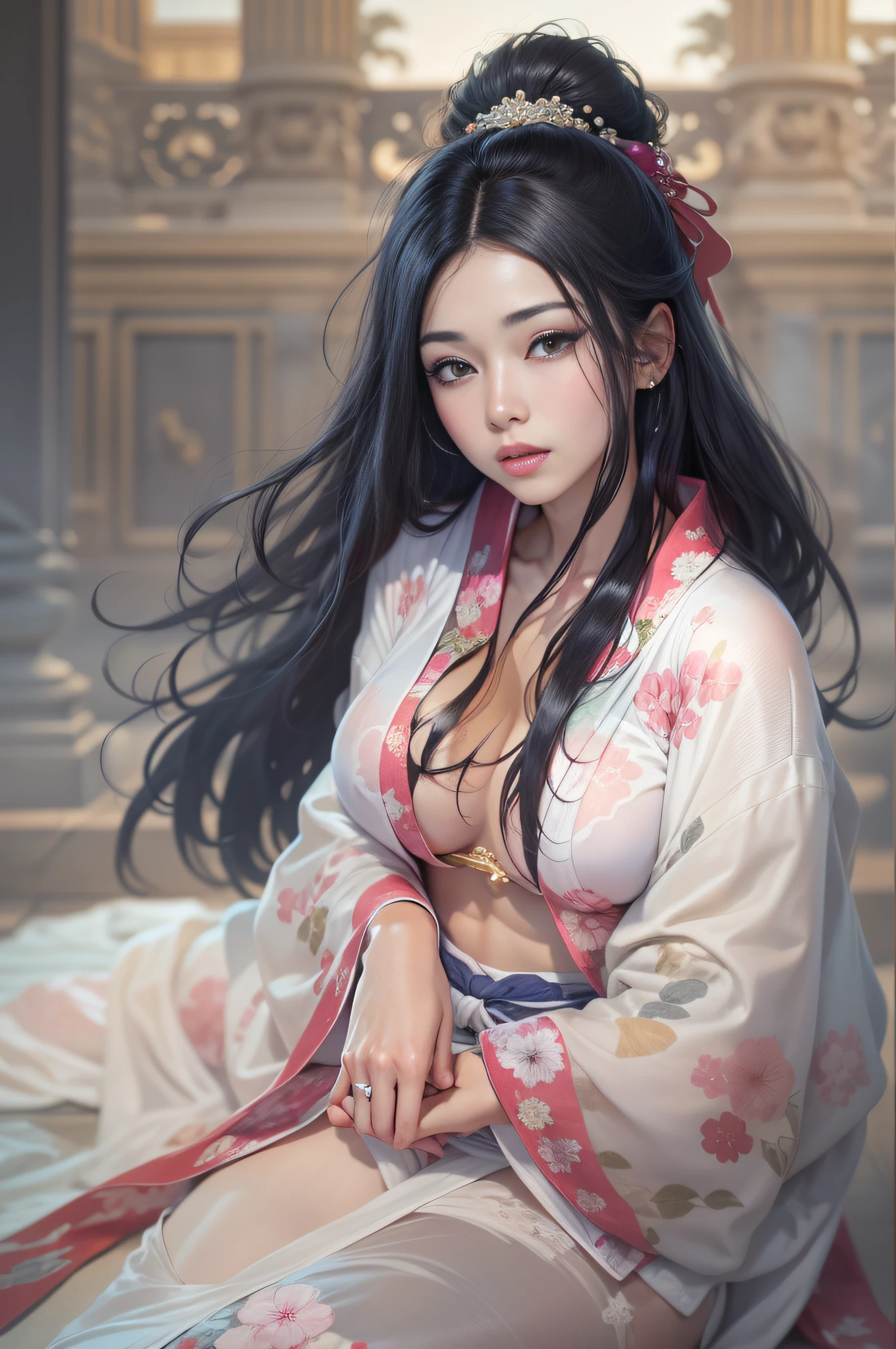 32 year old beautiful woman with attractive long black hair、Double eyelids、The background is the Palace of Versailles in France、Looking here、One white see-through yukata that sticks to bare skin、very large breast、wide open legs、The color and shape of the tip of the chest is visible 、You can see the color and shape of the areola、You can see through a lot of pubic hair、The entire chest shows through、