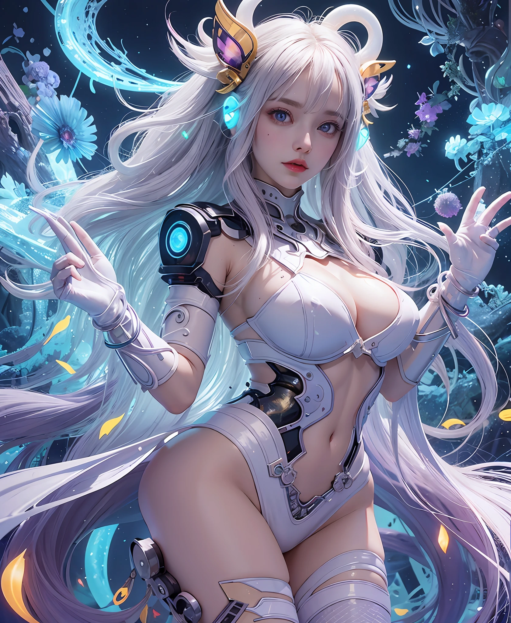 white hair、long fluttering hair、strong breeze、a purple eye、Luminous Eyes、thick tentacles clinging to the body,、White Latex Suit、Mollusk girl、Colossal tits、The face and chest are alive、Cleavage is visible。photoRealstic、portfolio、Biotech Cyborg、Gothloli details、tentaculata、Detailed biocomponents、Bundle of thin tubes、sea anemones、Nudibranch、Luminous tube、Detailed neon、Fine LED、Golden fine parts
