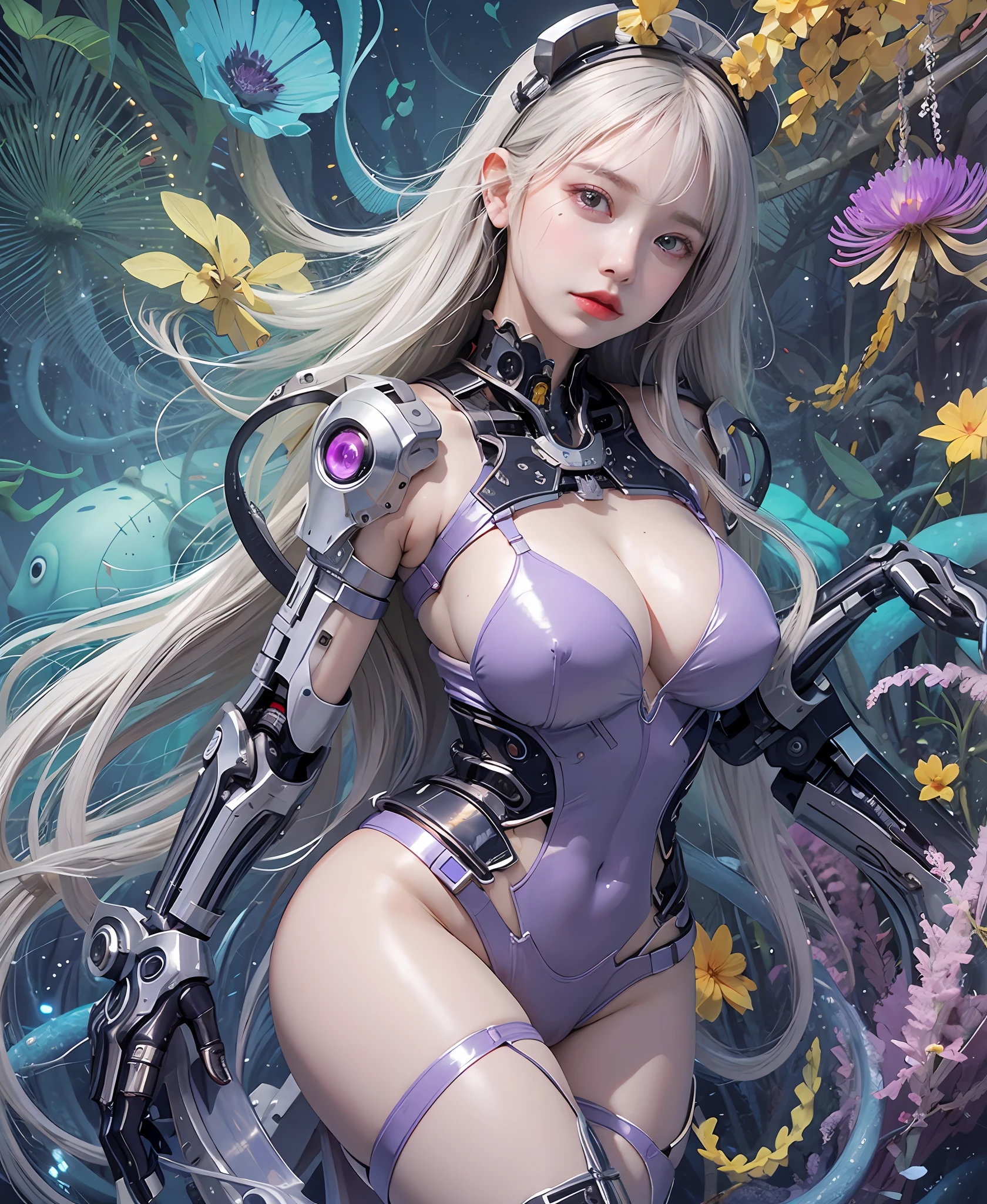 white hair、long fluttering hair、strong breeze、a purple eye、Luminous Eyes、thick tentacles clinging to the body,、White Latex Suit、Mollusk girl、Colossal tits、The face and chest are alive、Cleavage is visible。photoRealstic、portfolio、Biotech Cyborg、Gothloli details、tentaculata、Detailed biocomponents、Bundle of thin tubes、sea anemones、Nudibranch、Luminous tube、Detailed neon、Fine LED、Golden fine parts