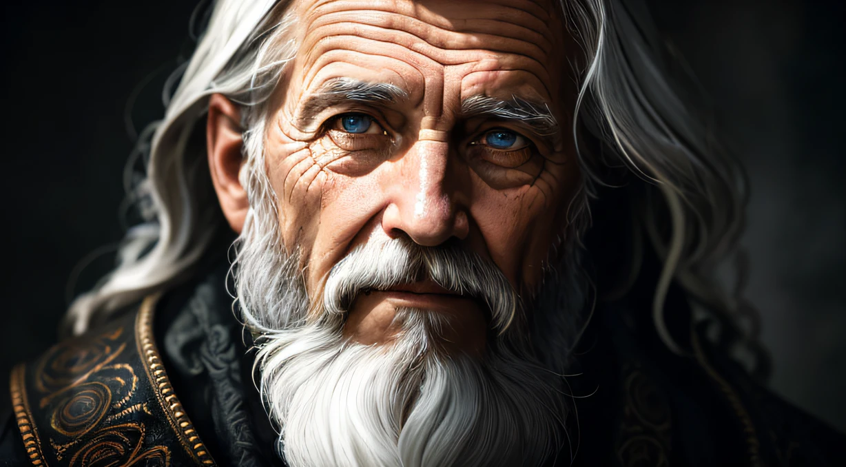 A portrait of a wizard, bearded, wrinkled, weathered, with piercing eyes, detailed face, high details, photography, dark studio, rim light, Nikon D850, 50mm, f/1.4