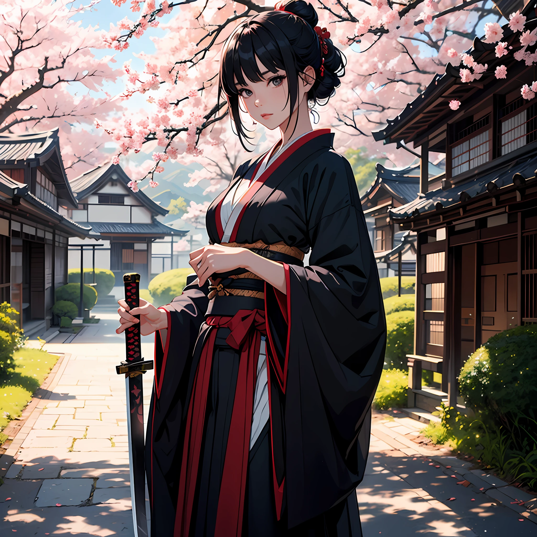 Attractive girl, shot black silky hair, samurai, wearing shinny black red kimono, holding shinny katana sword, old Japanese houses and cherry blossom trees on the background, masterpiece, 8k, trending on art station, prefect anatomy, perfect hands, detailed face