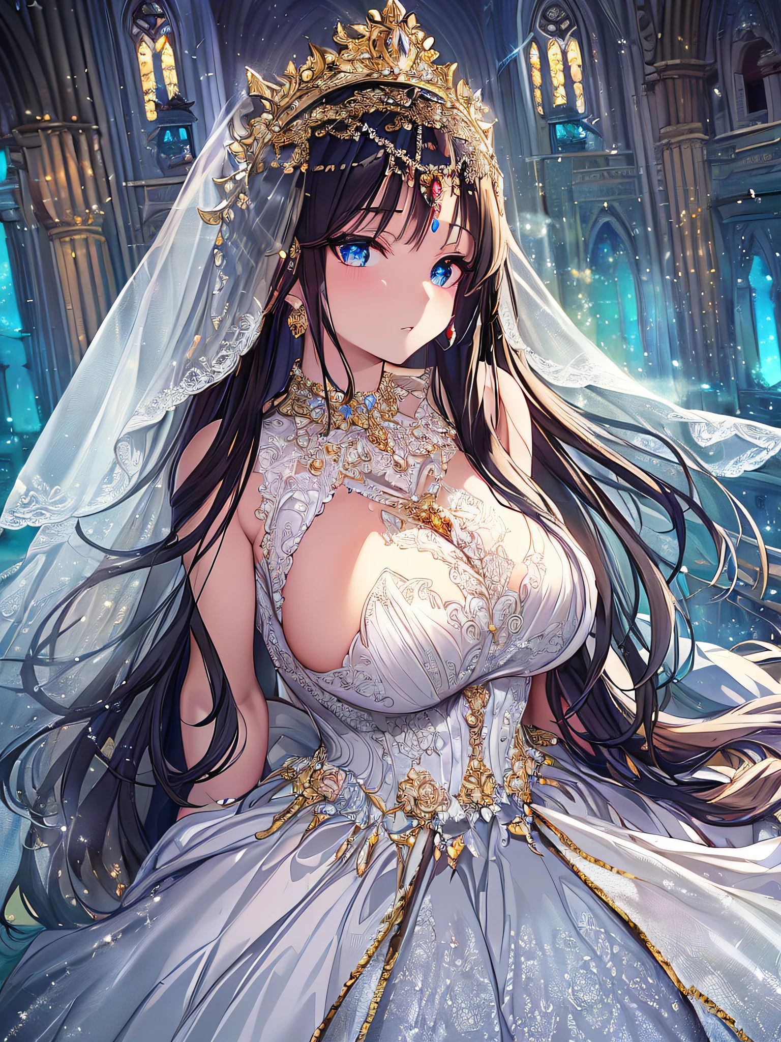 ((anime artstyle)),(Masterpiece),(Best Quality), (Super Detail),((Very Delicate and Beautiful)),Focus on character,Dynamic Angle,Looking at viewer,((Solo)),standing,((full body)),((one princess in gorgeousfull BlingBling wedding dress with voluminous skirt)),(((BlingBling)))detailed face and eyes,jewel-like eyes,((Very Long voluminous Hair)),gorgeous embroidery and lace,((gorgeous corsage)),See-through,(Gorgeous BlingBling jewelry ornaments),luxury hair ornament,BlingBling luxury tiara with jewels,ornate ruffles,((gigantic breasts,Long breasts)),indoor,church wedding,((full body)),hoop skirt,crinoline,very long gorgeousfull wedding veil,(((jeweled gorgeous embroidery BlingBling wedding dress)))
