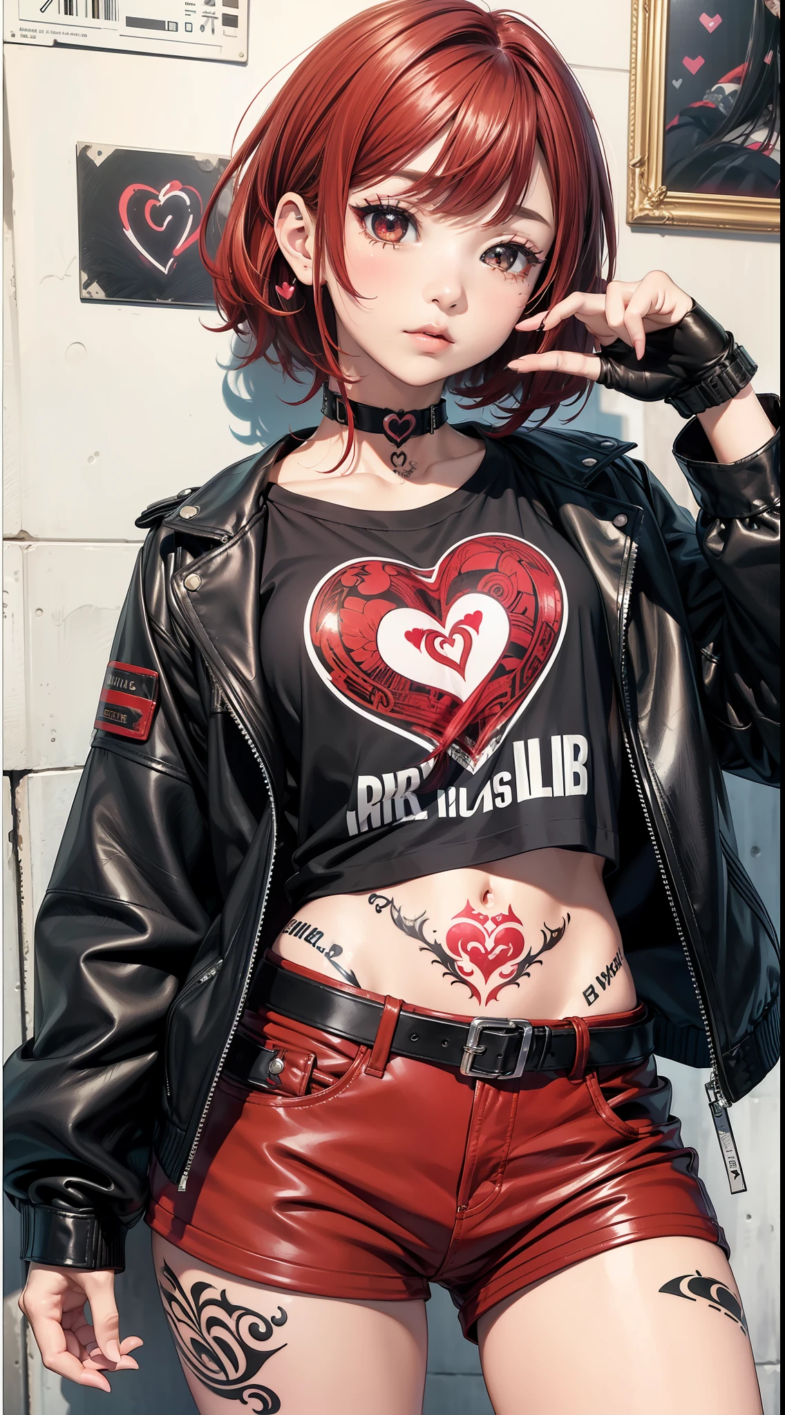 (masterpiece:1.3)、(top-quality)、(in 8K,4K),(Intricate details)、reallistic、(1girl in:1.8)、独奏、(Rock Band T-Shirt、leather jackets)、20yr old、short-cut、Red hair、Black eyes、((Light Music Club Students))、Active、Height 155cm、slim figure,(Tattoo of a heart:1.2)、 music,Composing is my hobby、Your favorite CD jacket on the wall、Interested in spicy and sweet treats、I like watching the sunset