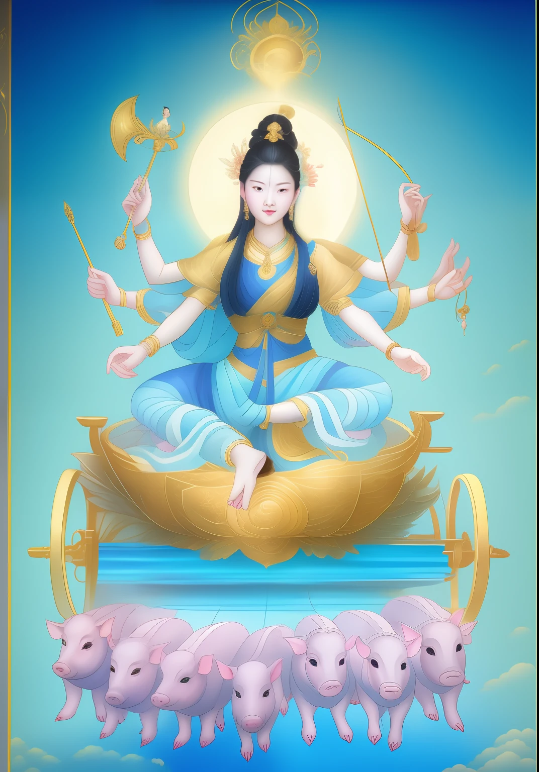 tmasterpiece，超高分辨率，A beautiful woman with a magic weapon in each of the six arms sat in a cart pulled by seven piglets，Wear a light blue dress。The background is blue sky，Elegant colors，Light and dark are clear，extreme hight detail,  art illustration，