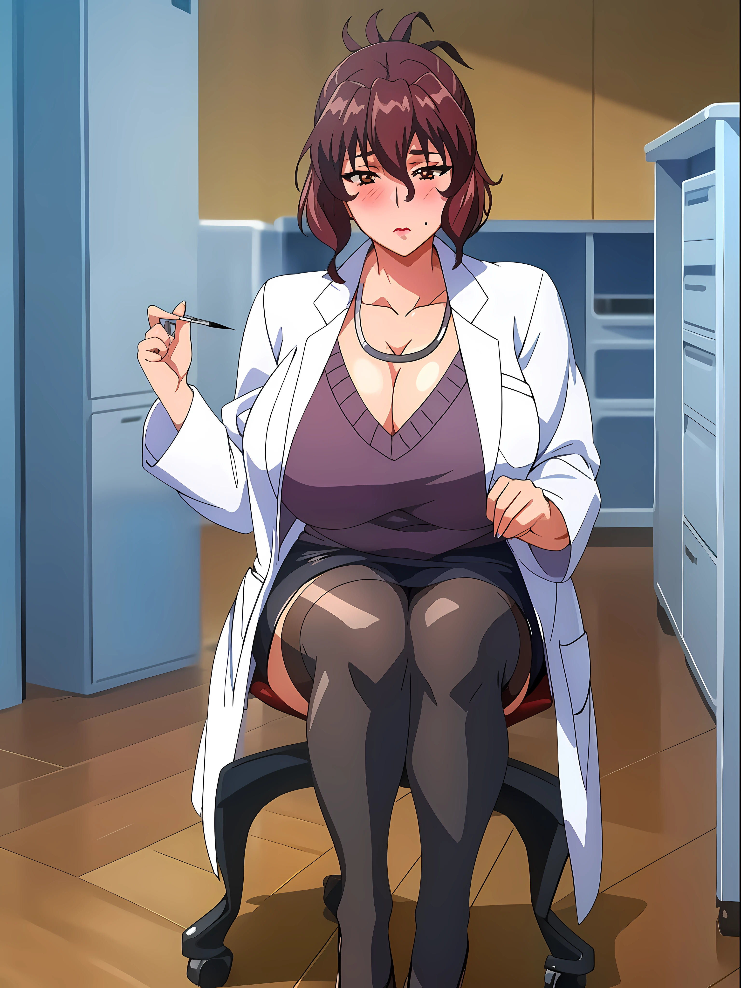 (beautiful hand:1.2), (masterpiece, best quality:1.3), Aiko Katsuragi, mature female, (full body shot:1.05), milf, (curvy:0.9), 1girl, anime face, sitting on chair, doctor, labcoat, stethoscope, short pencil skirt, (thighhighs:1.05), highheels, makeup, large breasts, lipstick, brown eyes, folded ponytail, brown hair, cleavage, perfect body, (athletic body:1.3), perfect eyes, anime eyes, smoky eyeliner, eyeshadow, perfect face, caring face, glance, blush, high sharpness, sharp focus, medical room, professional artwork, intricate details, vivid colors, Diffused lighting, digital blending, ultra detailed body, ultra detail hair, ultra detail face, trending on pixiv