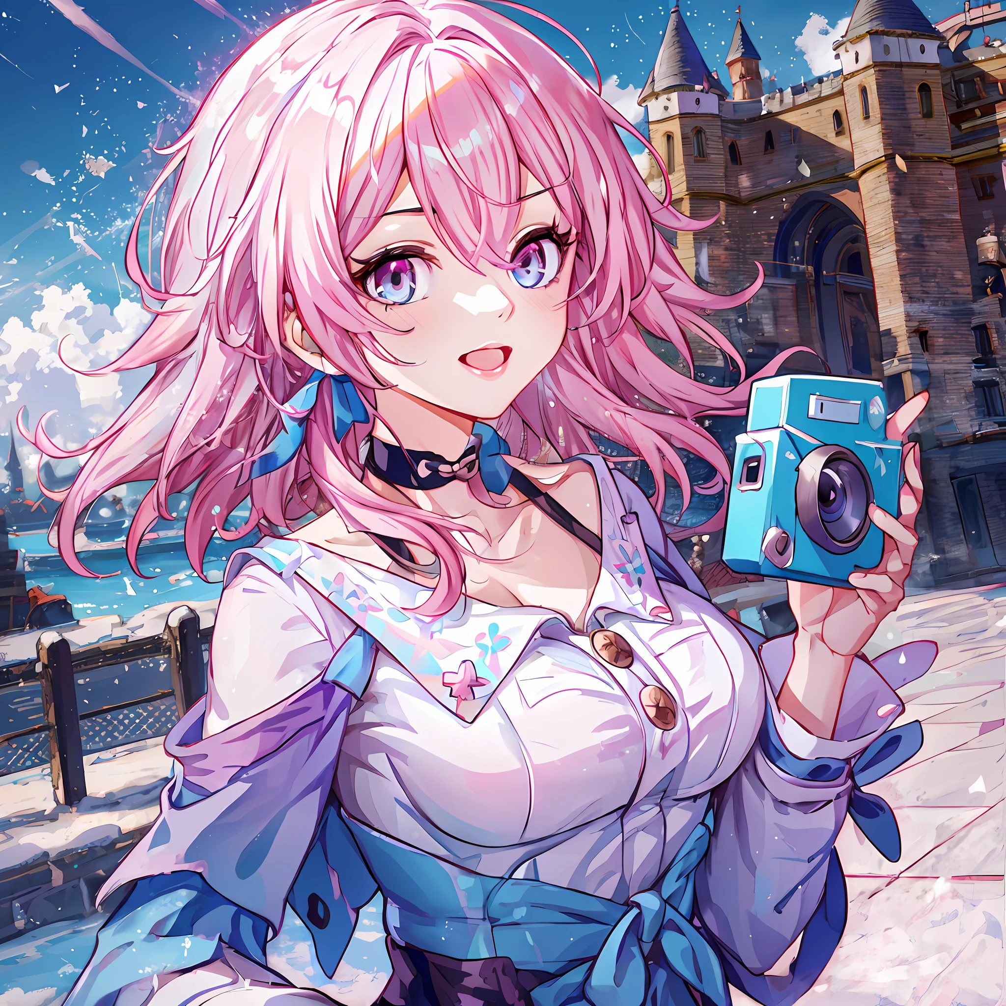 anime girl with pink hair holding a camera in front of a castle, artwork in the style of guweiz, guweiz, guweiz on pixiv artstation, guweiz on artstation pixiv, splash art anime loli, cushart krenz key art feminine, ayaka genshin impact, high quality portrait