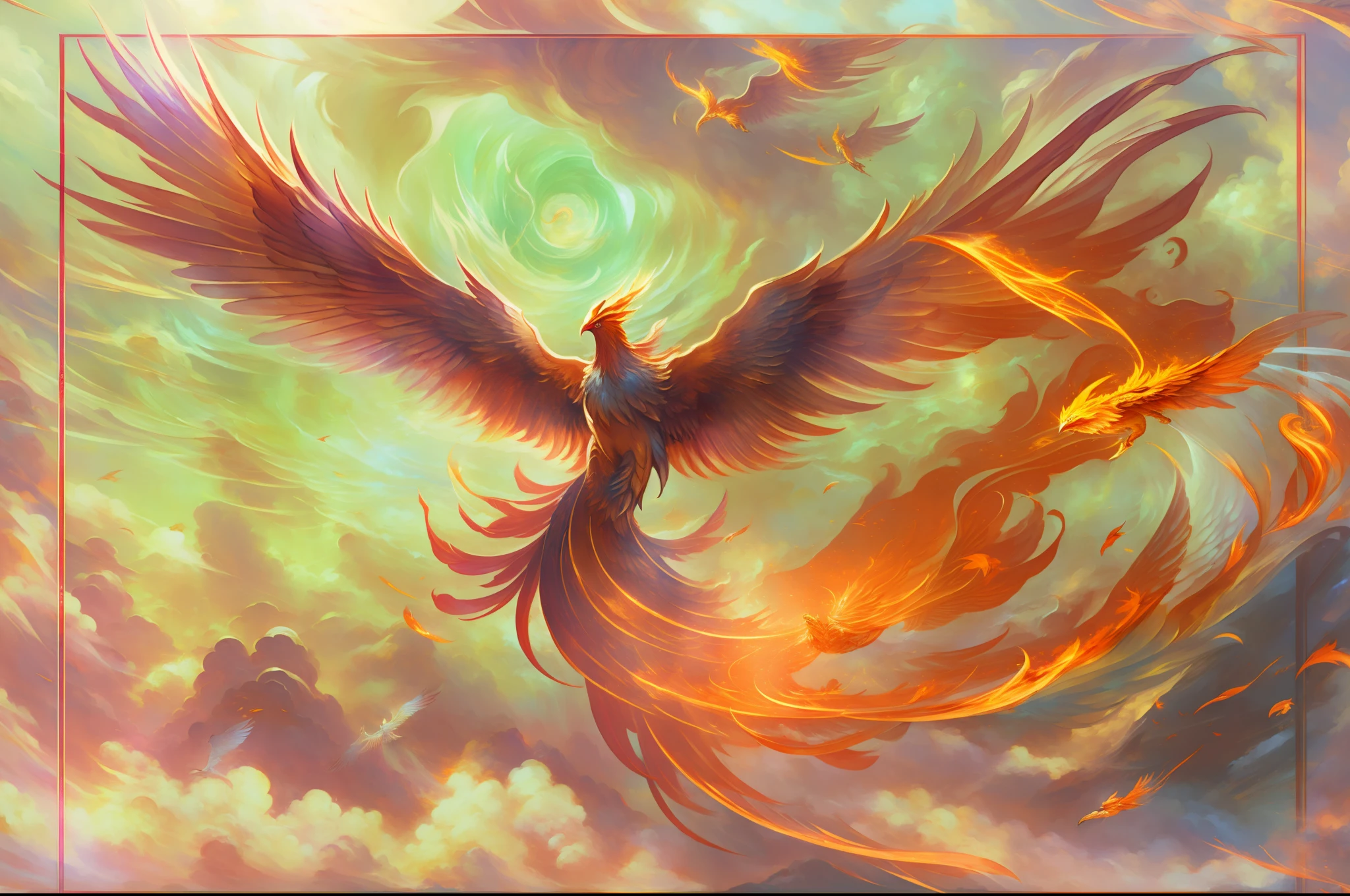 ((Best quality)), ((Masterpiece)), A giant phoenix flies in the sky、super clear detail,超高分辨率,Reasonable composition,Super clear