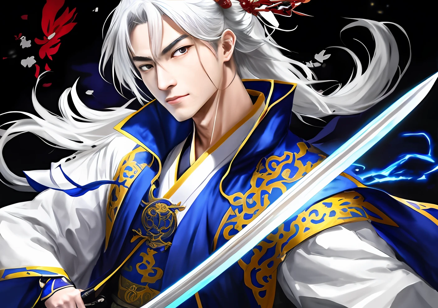 a close up of a person holding a sword and a sword, by Yang J, Inspired by Huang Shen, G Liulian art style, Onmyoji detailed art, zhongli from genshin impact, Keqing from Genshin Impact, onmyoji, inspired by Hong Ren, inspired by Li Gonglin, author:Yang Jin, white-haired god